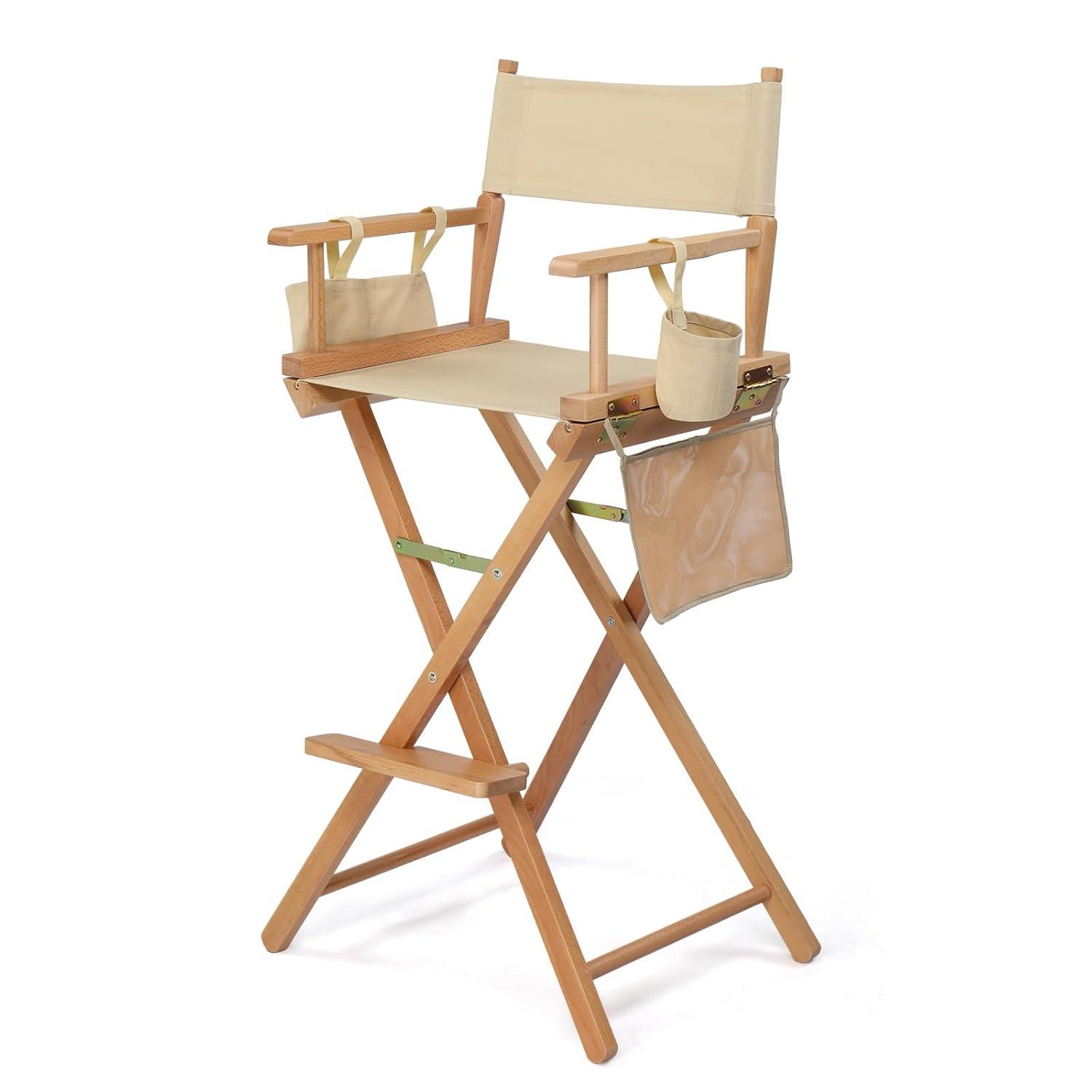 OmySalon Professional Folding Makeup Artist Chair - 31" Tall Heavy Duty Director Chair for Studio & On-The-Go Use | 250lbs Capacity, Apricot Canvas with Storage Bags, Footrest & Solid Hardwood Frame