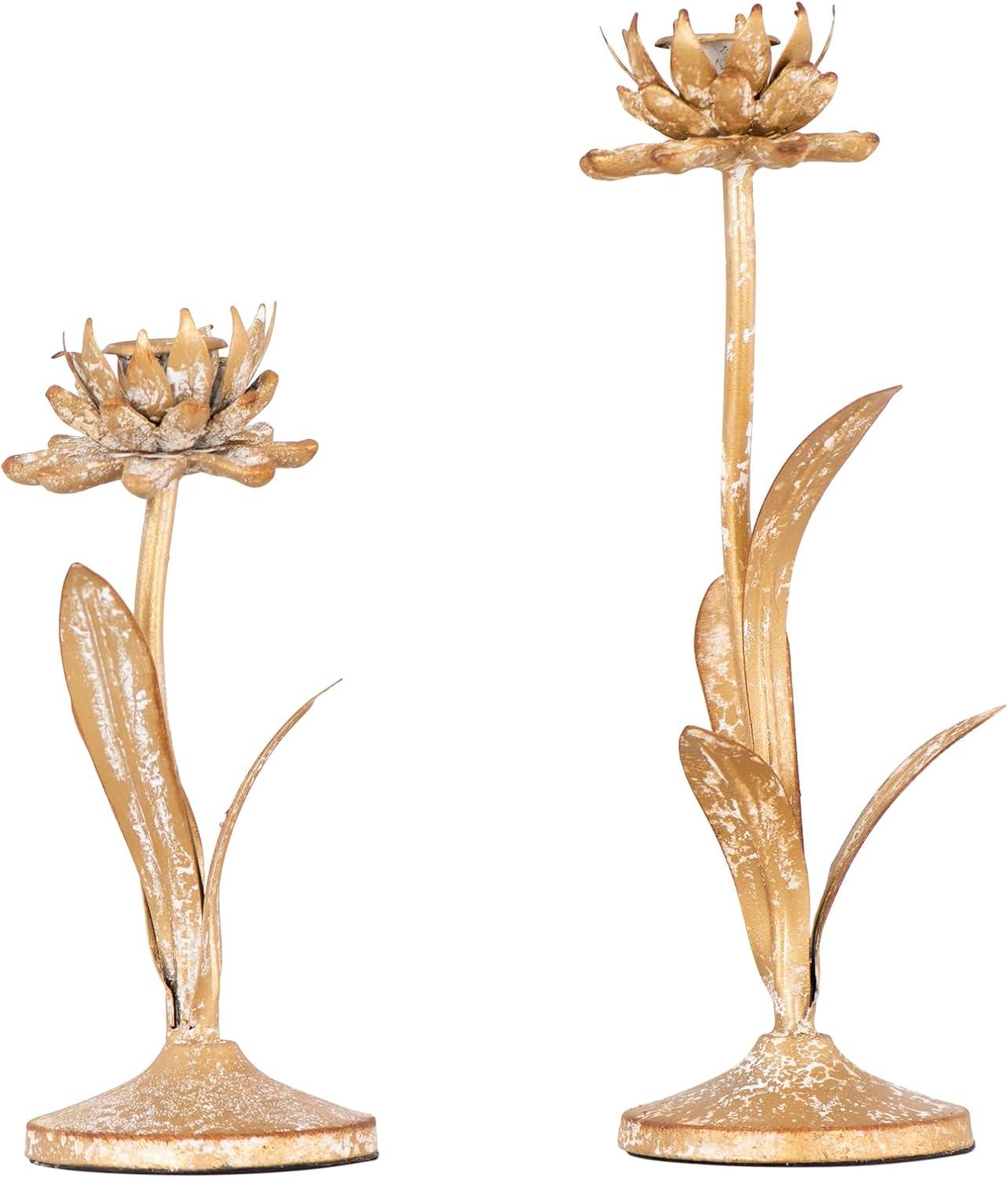 Distressed Gold Metal Flower Taper Candle Holders, Set of 2