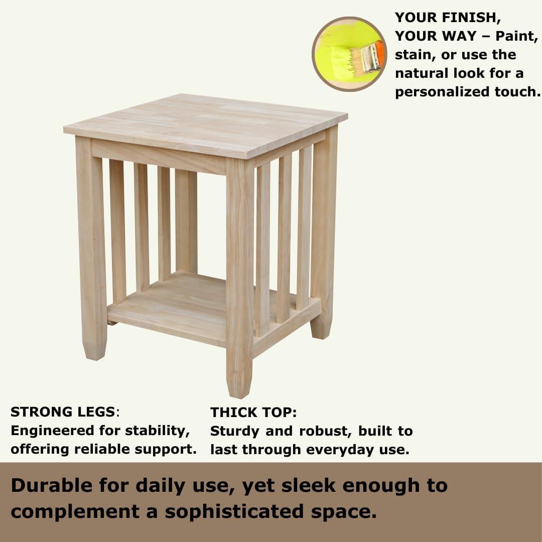 International Concepts Mission Tall End Table: Hardwood Frame, Square Shape, 25" Height, Shelf Storage