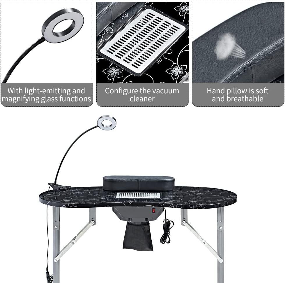 Nail Desk Portable Manicure Table, Professional Nail Table with USB-plug LED Table Lamp, Sponge Pillow, Electric Dust Collector, Carrying Bag, Black