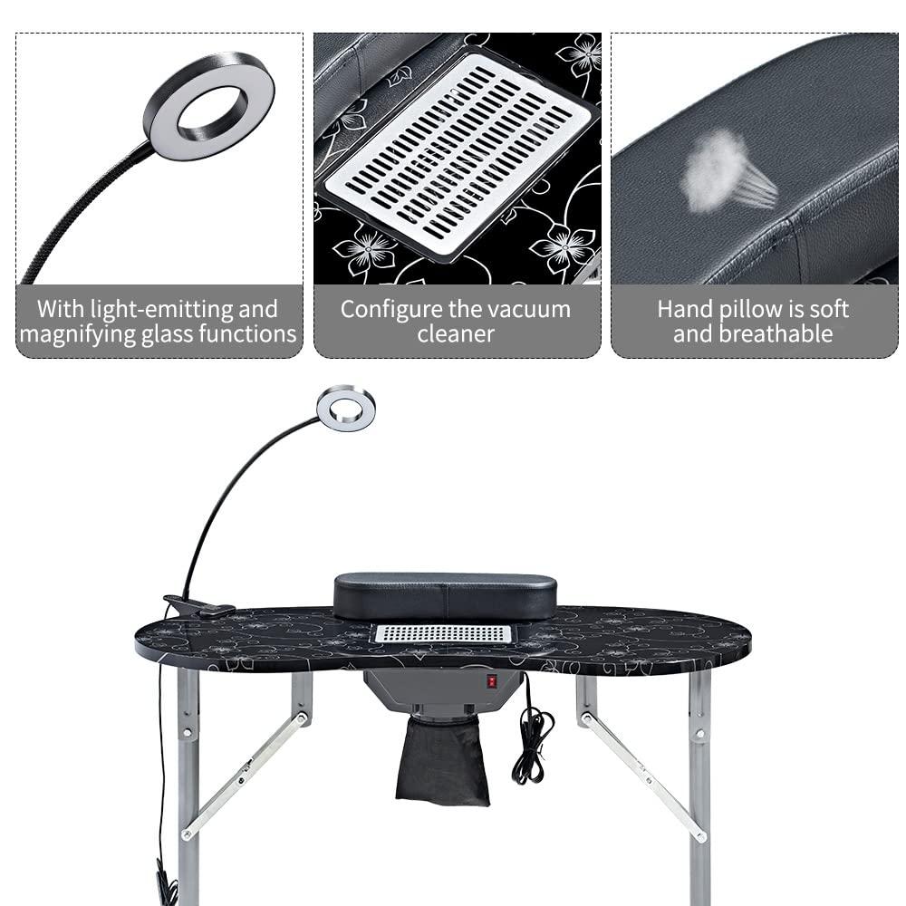 Nail Desk Portable Manicure Table, Professional Nail Table with USB-plug LED Table Lamp, Sponge Pillow, Electric Dust Collector, Carrying Bag, Black