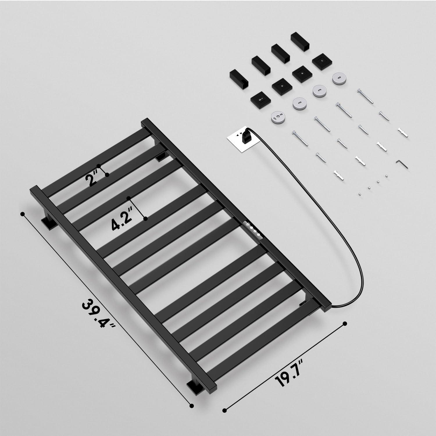 Towel Warmer,Stainless Steel Towel Warmer Rack for Bathroom -10 Bars Wall Mounted Towel Heater with Intelligent Touch Screen Timer, Hard Wired/Plug-in, Black