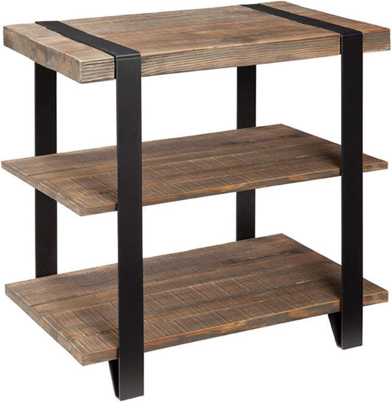 27" Modesto Wide 2 Shelf End Table with Metal Strap, Reclaimed Wood - Alaterre Furniture: Rustic Industrial Design, Black Frame