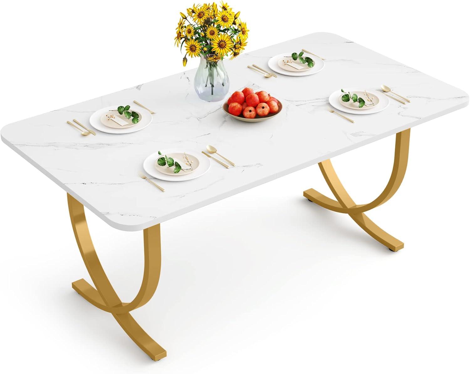 Tribesigns Rectangular Dining Table for 4 to 6, 63-Inch White and Gold Modern Kitchen Table with Faux Marble Table Top and Metal Legs for Dining Room, Kitchen or Living Room