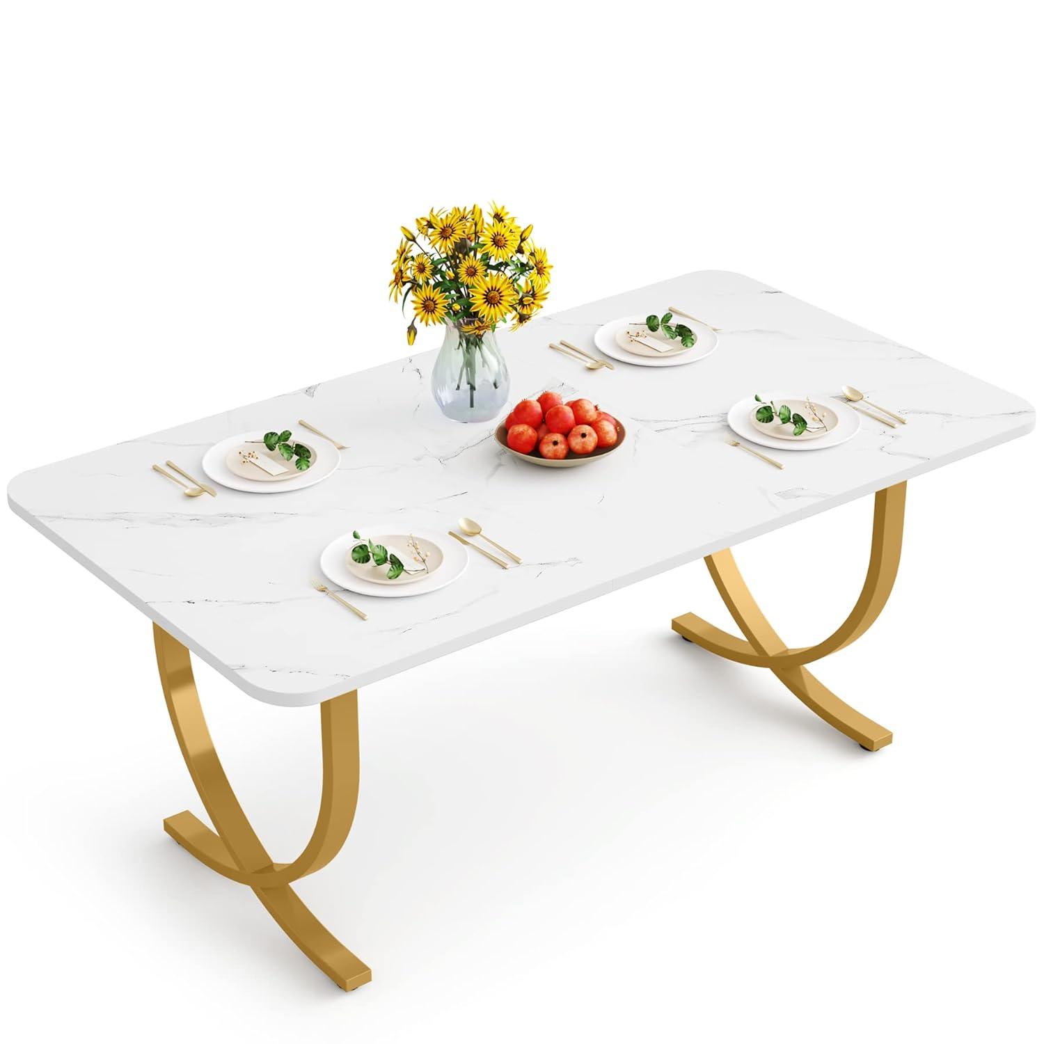 Canddidliike 63" Modern Dining Table Kitchen Table with Faux Marble Table Top, Dining Table for Living Room, Kitchen, White & Gold