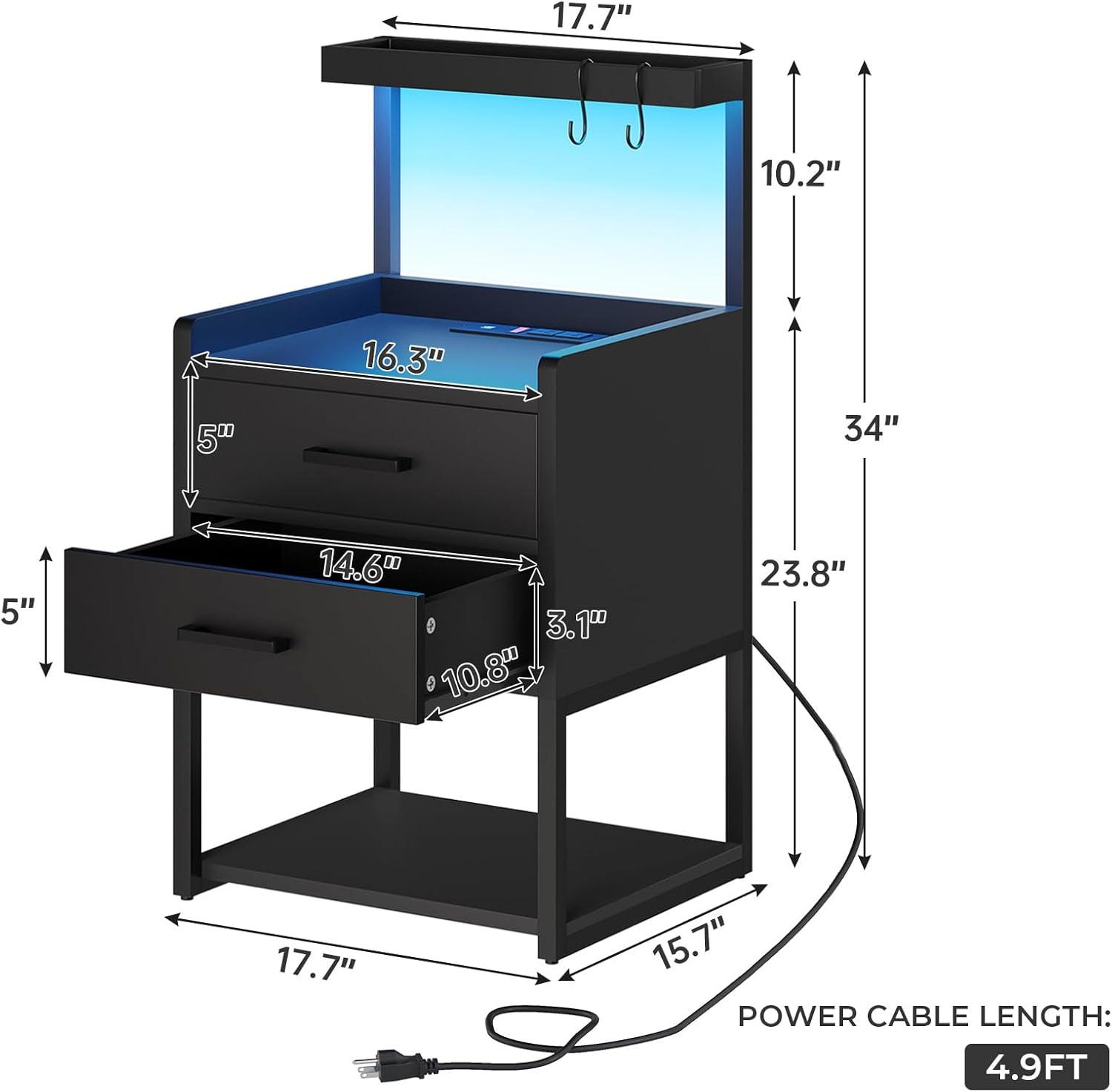 LED Nightstand with Charging Station, Side Table with USB Ports and Outlets, End Table for Small Spaces, Black Bedside Tables with Fabric-Wood 2-in-1 Drawer for Bedroom, Living Room, Office