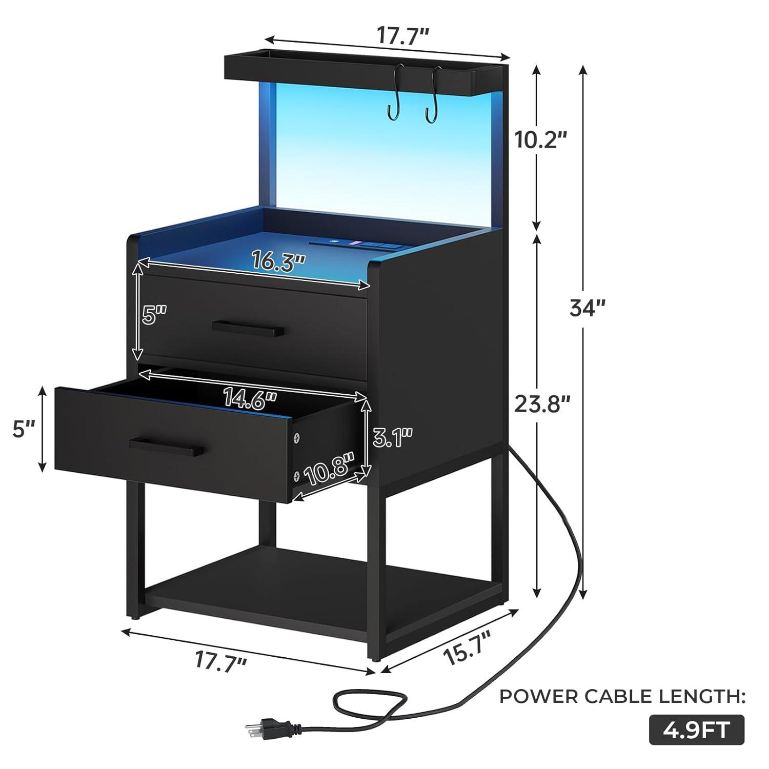 Nightstand with LED Lights and Charging Station, 2 Drawers Bedroom Night Stand, 2 USB Ports, 2 Outlets, Bed Side Table with Storage Shelves, White