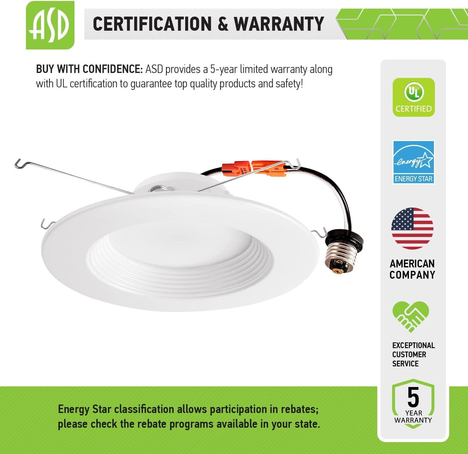 ASD Retrofit LED Recessed Lighting 6 Inch | 12W 1009 Lm Wet Rated Dimmable Ceiling LED Downlights | 2700K-5000K Adjustable CRI90 White LED Room Recessed Light Fixtures | LED Can Lights, UL 6 Pack