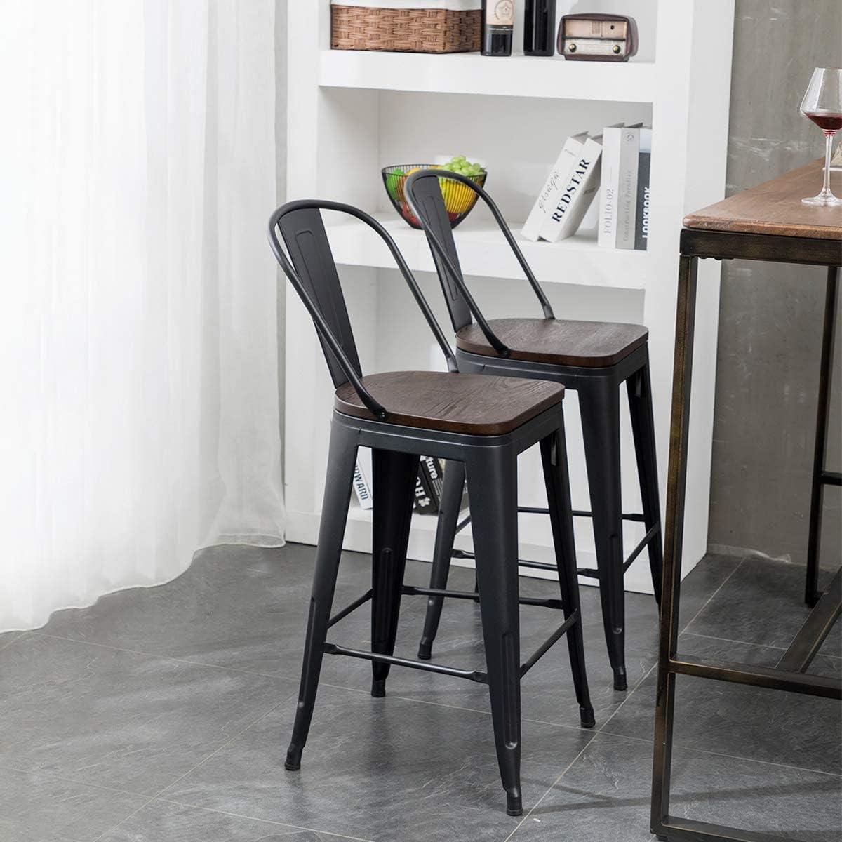 Set of 4 Black Metal and Wood Counter Height Bar Stools