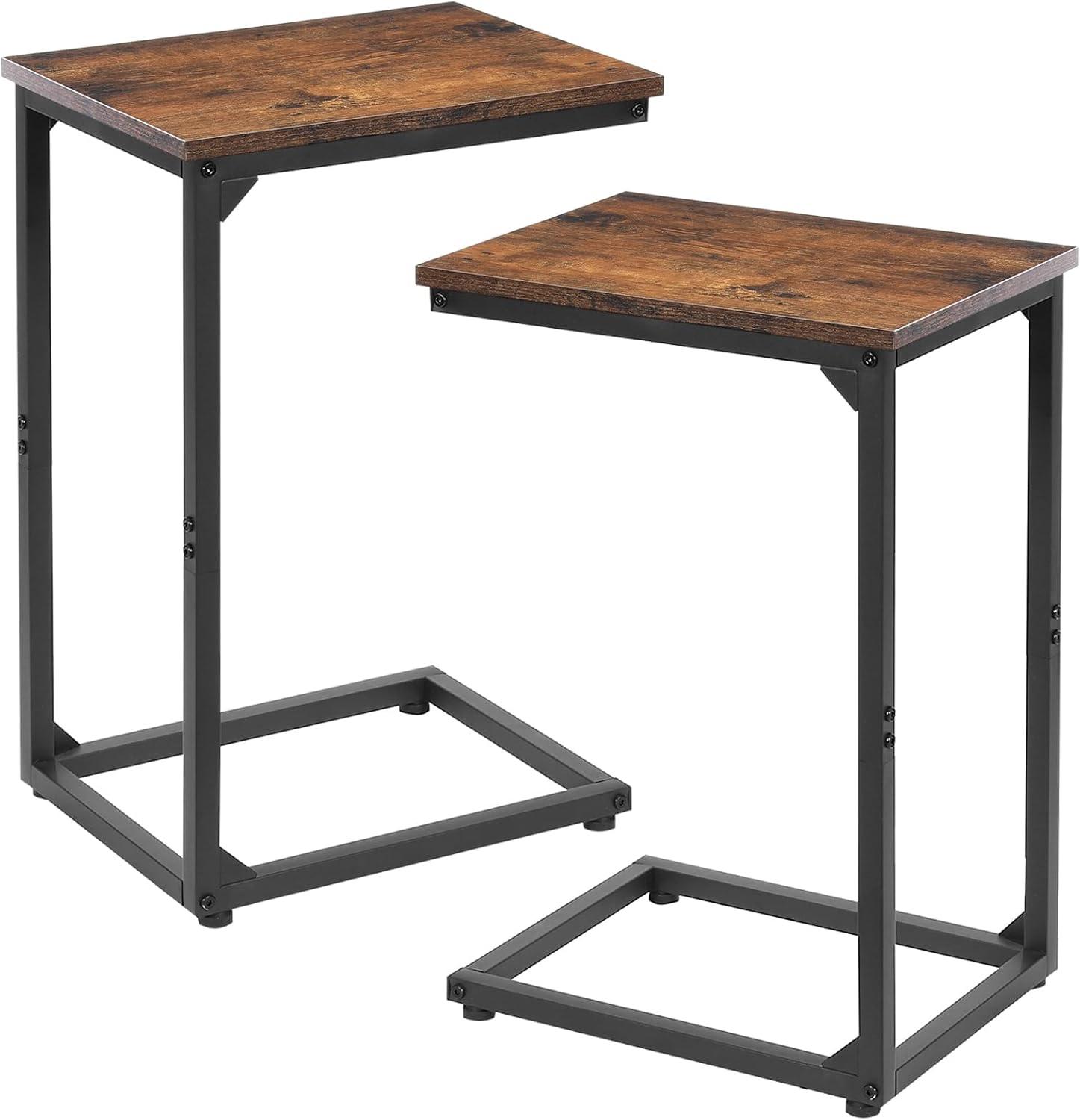 Set of 2 Rustic Brown C-Shaped Metal and Wood End Tables