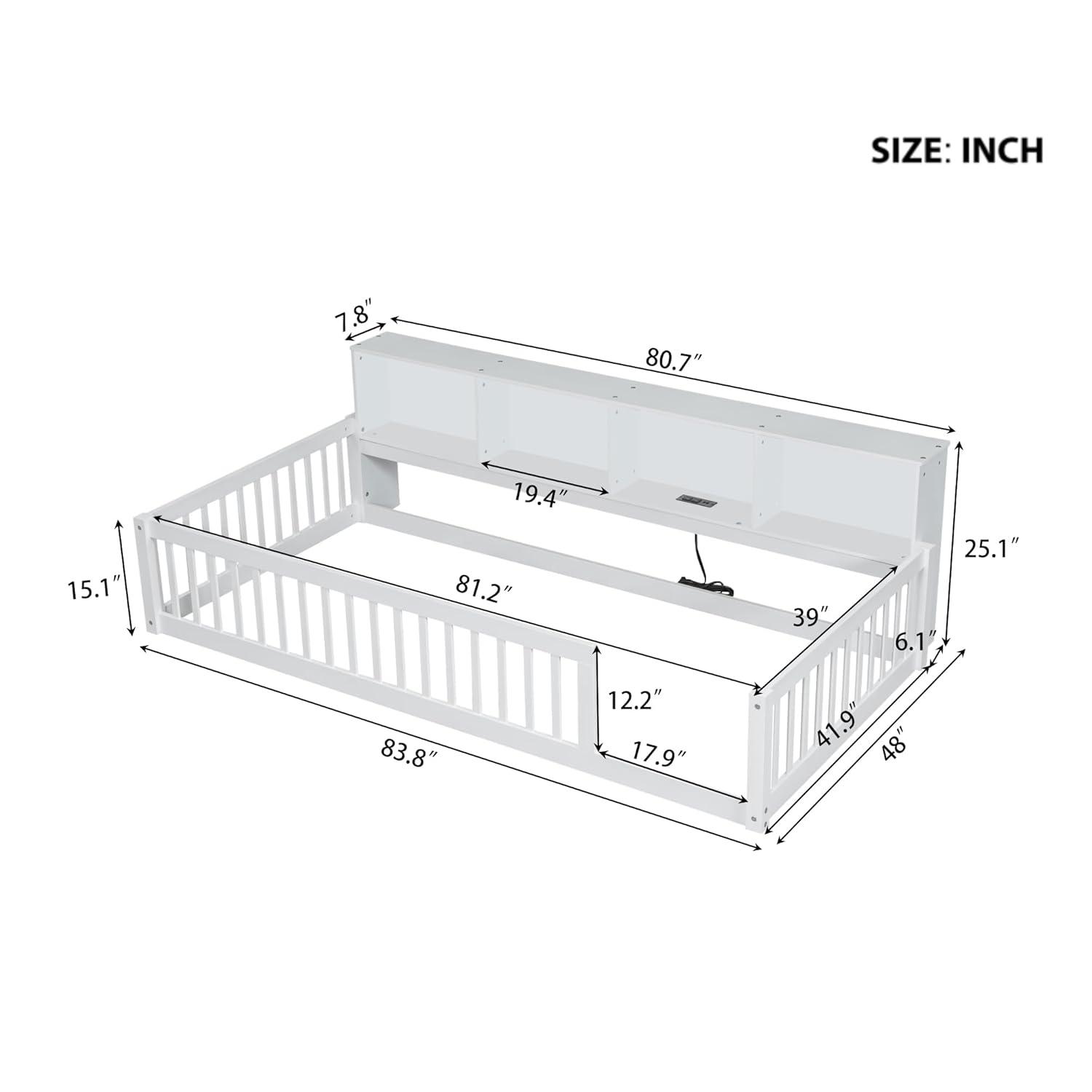 Kumix Twin XL Size Floor Bed with 4 Open Storage Cabinets and USB Ports, Solid Wood Daybed Frame with Semi-Enclosed Fence for Bedroom, No Weight Capacity Limit, Noise-Free, Easy Assembly, White