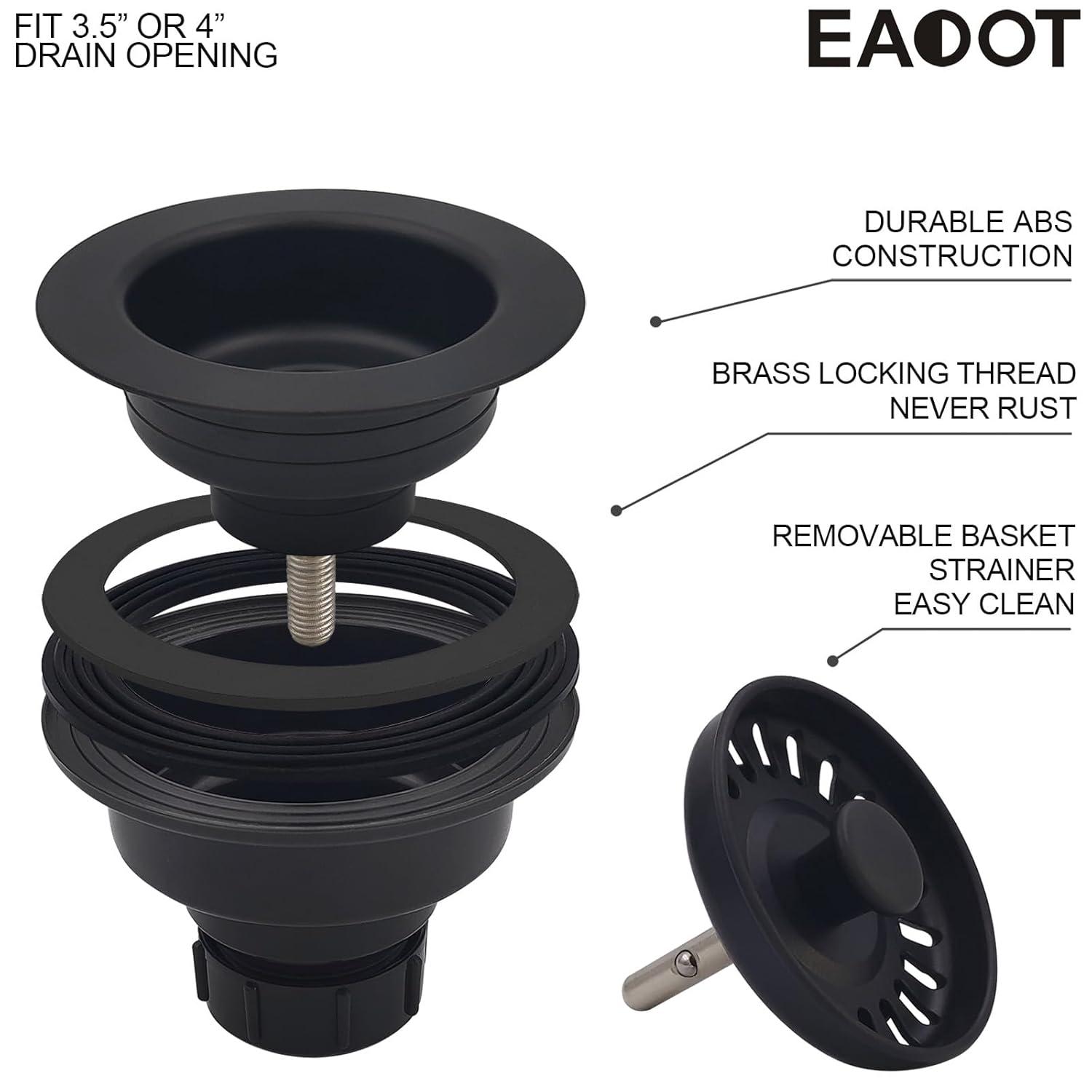 3-1/2 Inch Polymer Black Sink Drain Assembly with Basket Strainer and Stopper for Granite or Fireclay Kitchen Sinks