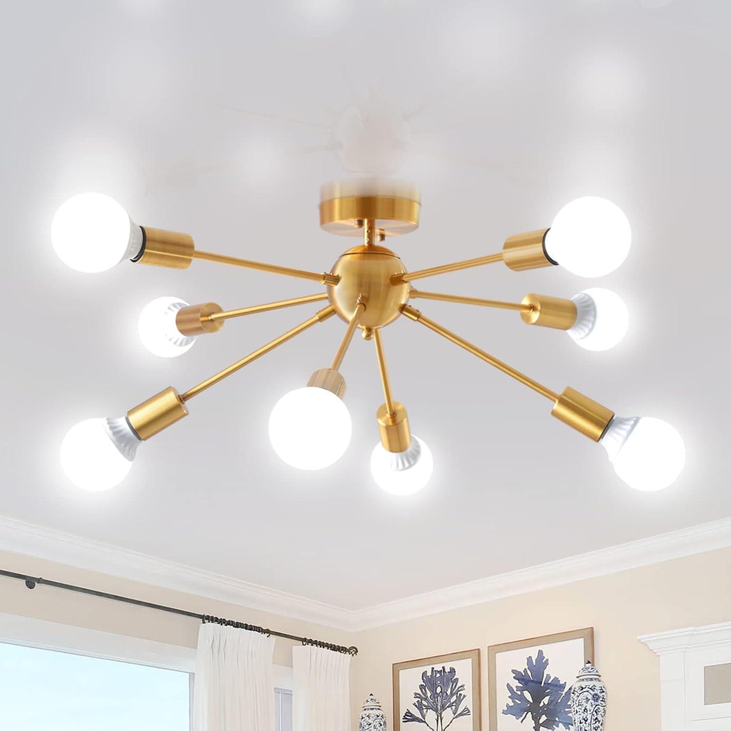 Gold Metal 8-Light Sputnik Semi Flush Mount Ceiling Light