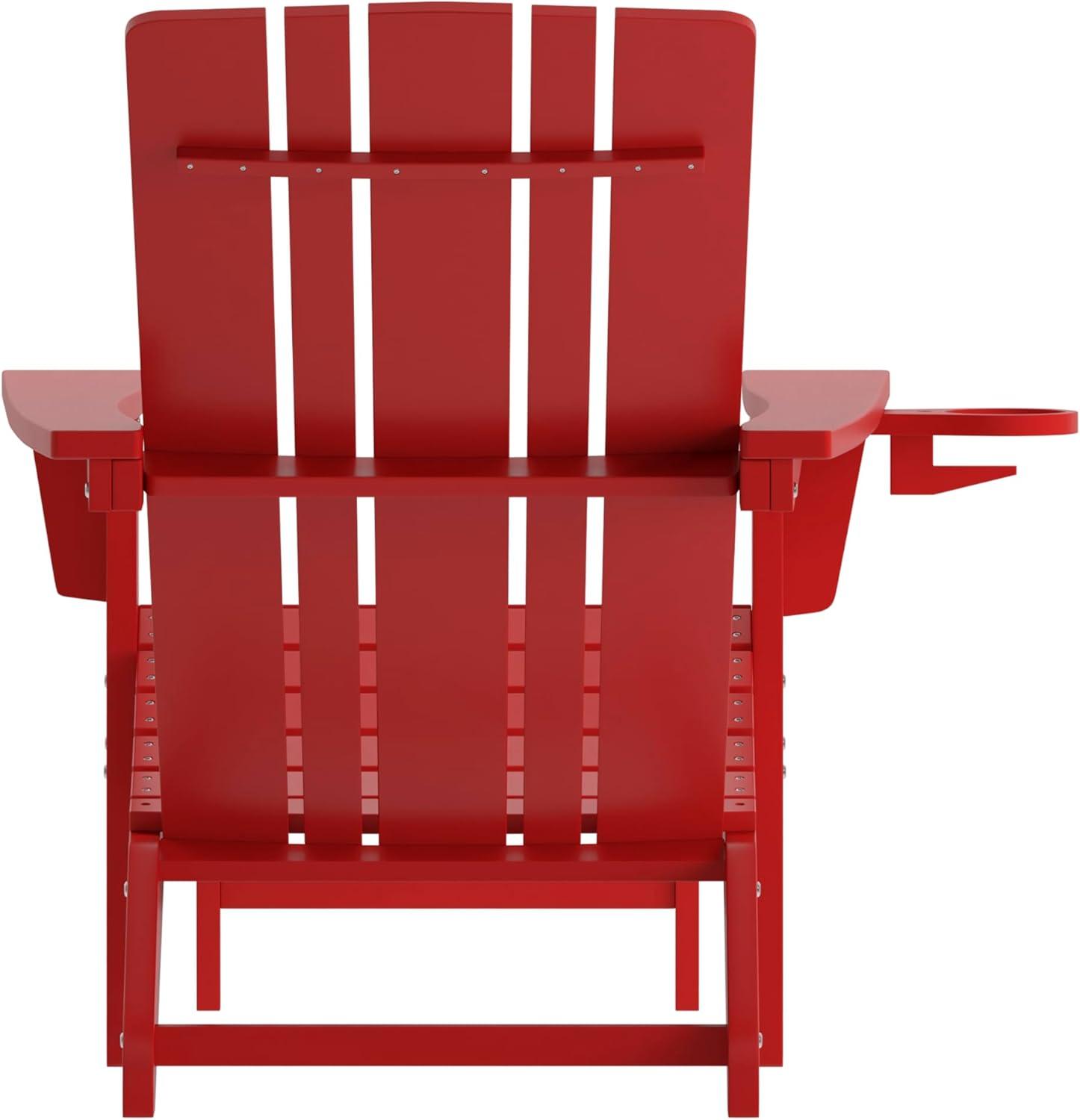 Flash Furniture Halifax HDPE Adirondack Chair with Cup Holder and Pull Out Ottoman, All-Weather HDPE Indoor/Outdoor Lounge Chair in Red
