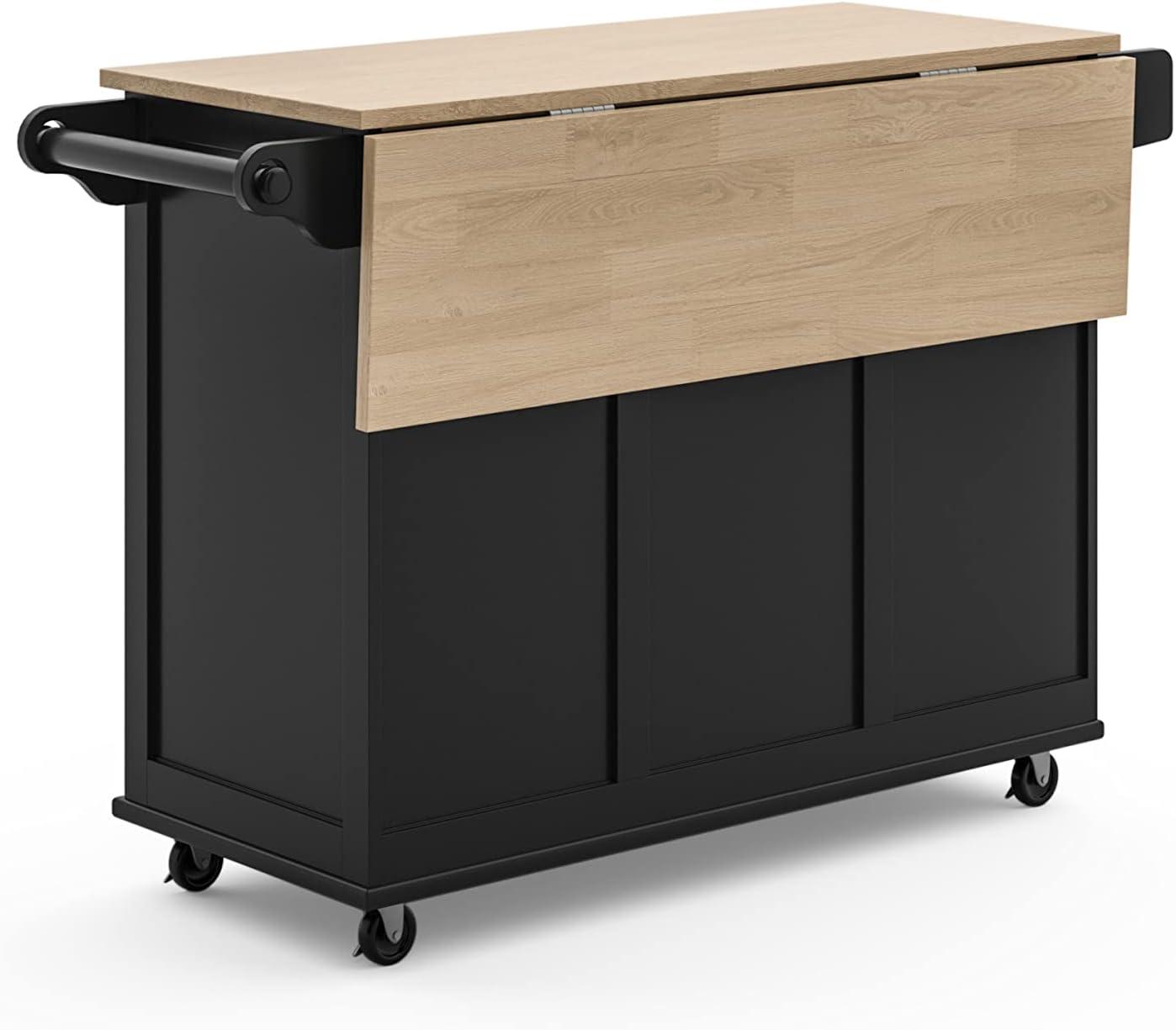 Black Wood Kitchen Cart with Drop Leaf and Storage