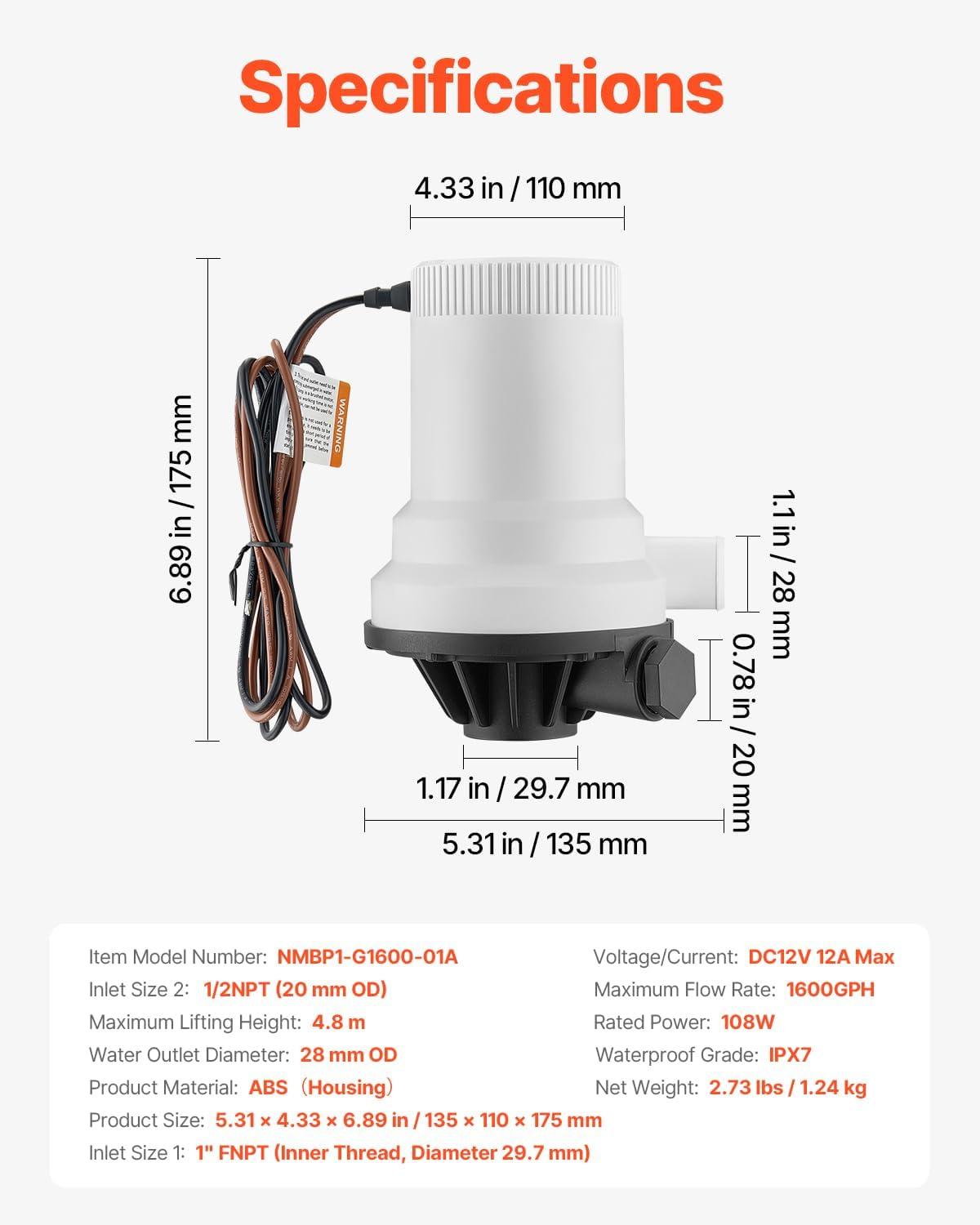 Livewell Pump for Boat 12V 1600 GPH Straight Livewell Aerator Pump with Dual Inlet ABA Housing for Freshwater Saltwater