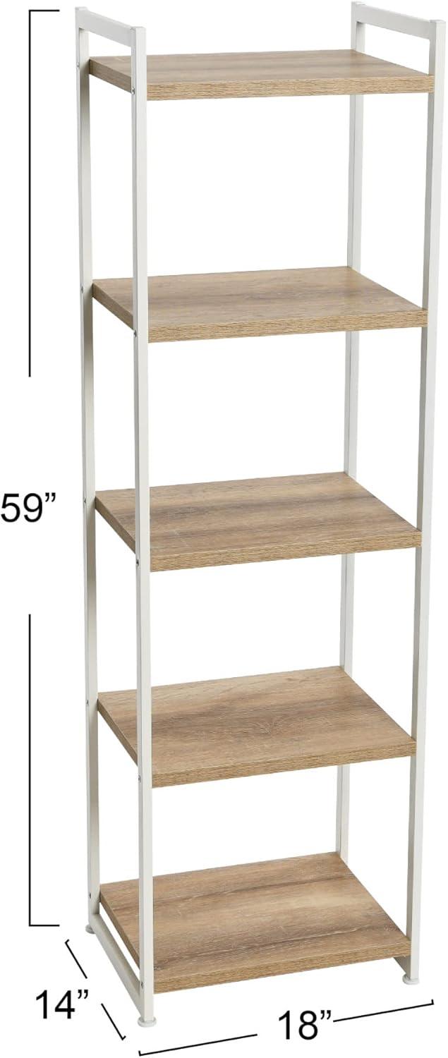 Coastal Oak and White Metal 5-Shelf Narrow Tower Bookshelf