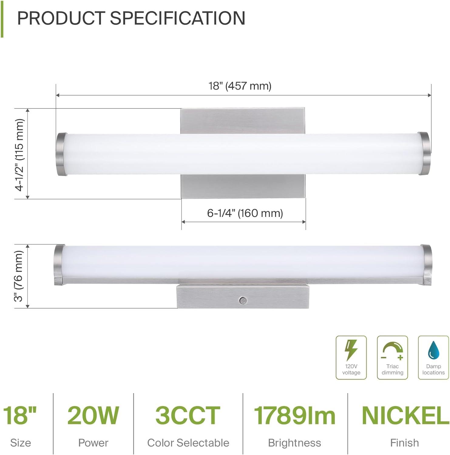 ASD LED 18 Inch Wall Mount Vanity Lighting Fixture | 20W 1500LM 3000K-5000K 120V | 3CCT, Dimmable, Energy Star, ETL Listed | Bathroom Linear Light Bar, Long Tube Bath Sconce | Nickel