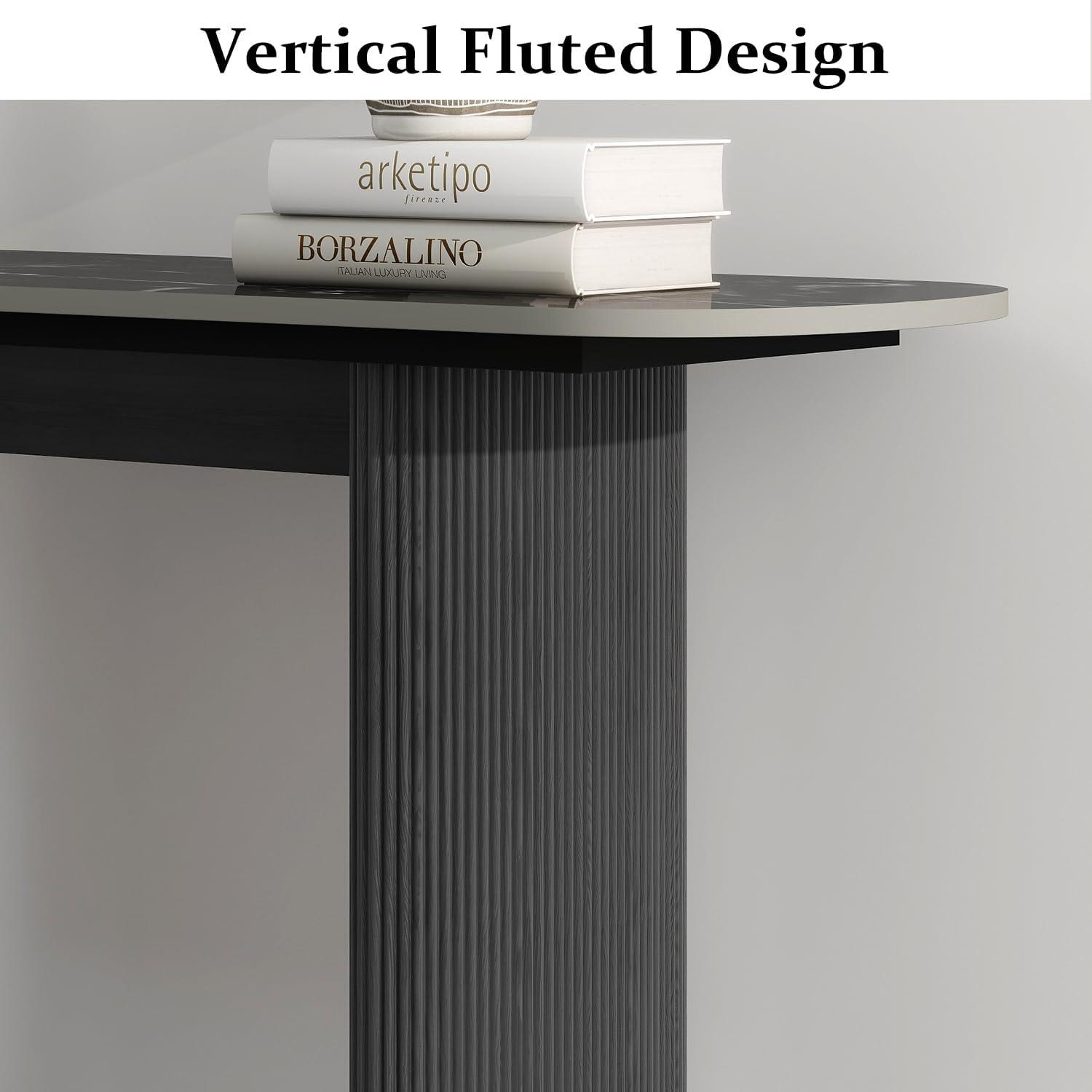 Black Marble Top Console Table with Fluted Wooden Base