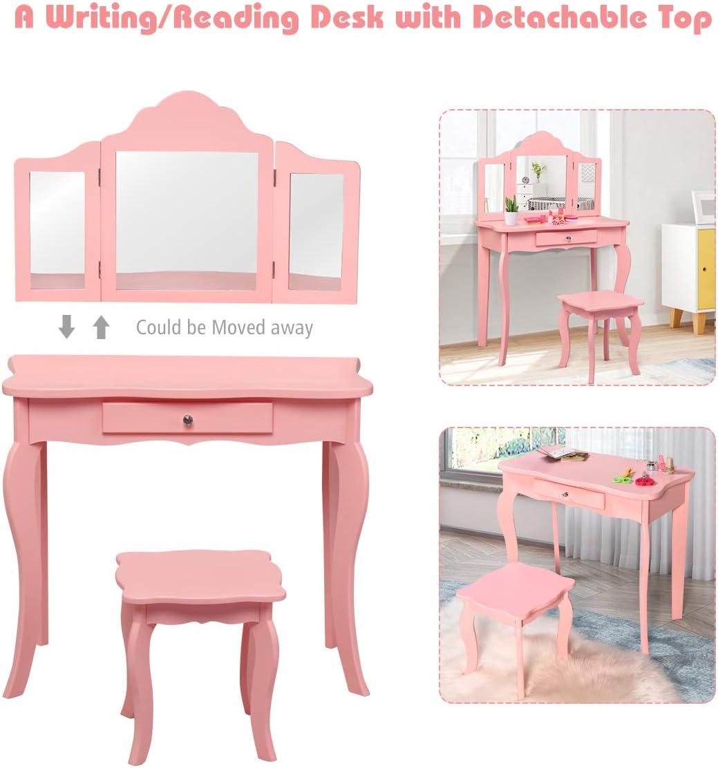 Infans Kids Vanity Table & Stool Princess Dressing Make Up Play Set for Girls