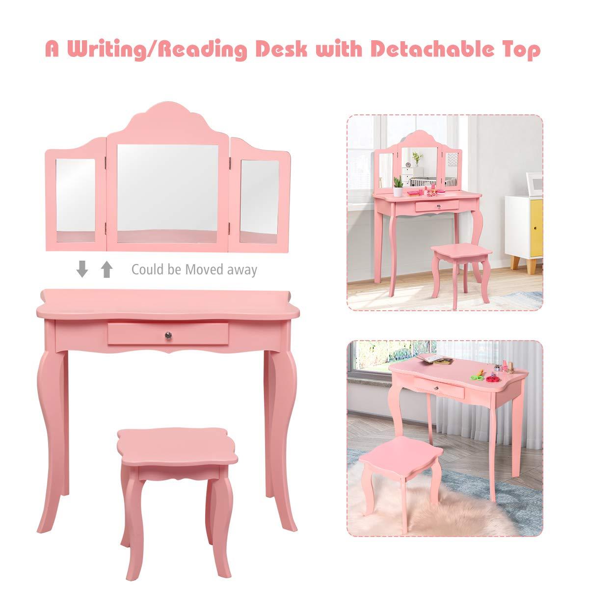 Infans Kids Vanity Table & Stool Princess Dressing Make Up Play Set for Girls Pink