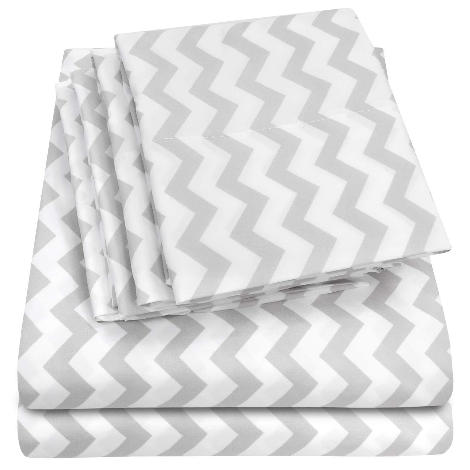 6 Piece Chevron Printed Gray Sheet Set, Deluxe Ultra Soft 1500 Series, Double Brushed Microfiber by Sweet Home Collection® - Queen
