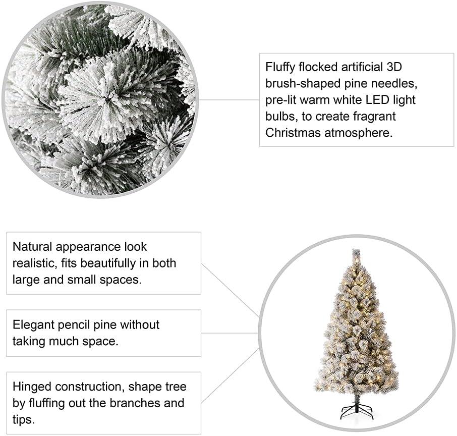 Glitzhome 6ft Pre-Lit Flocked Pencil Pine Artificial Christmas Tree with 300 Warm White Lights