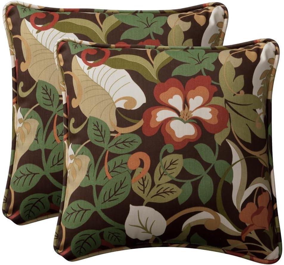 Brown and Green Floral Outdoor Throw Pillow Set