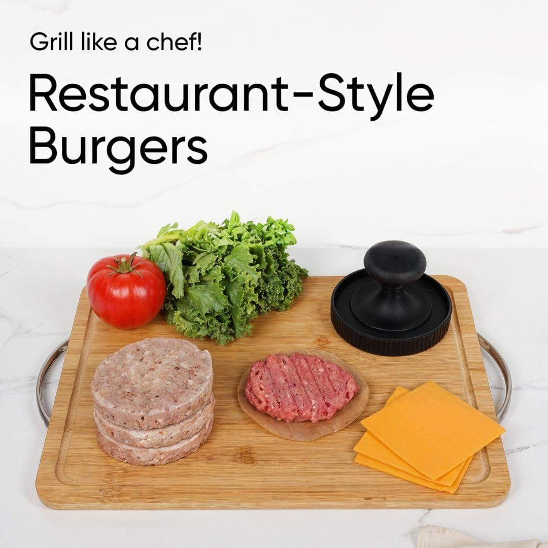 BRAVADIN Silicone Non-Stick Hamburger Press Patty Maker 1/3 lb with 100 Papers for 4.5-6" Patties with Ring Mold- Dishwasher Safe Burger Smash Press for Griddle-Burger Shaper Form Tool