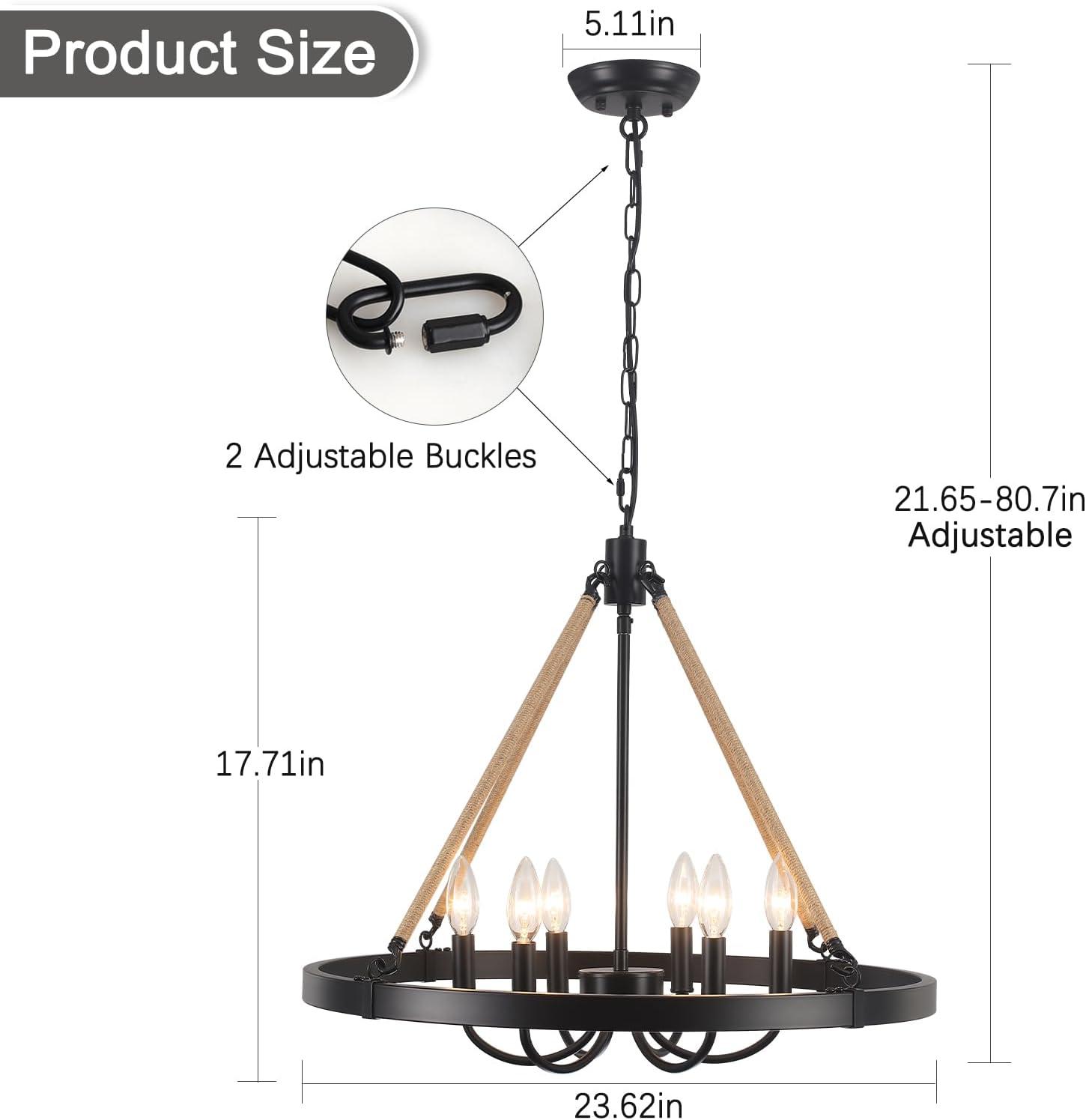 Black Farmhouse Wagon Wheel Candle Style Chandelier with Hemp Rope