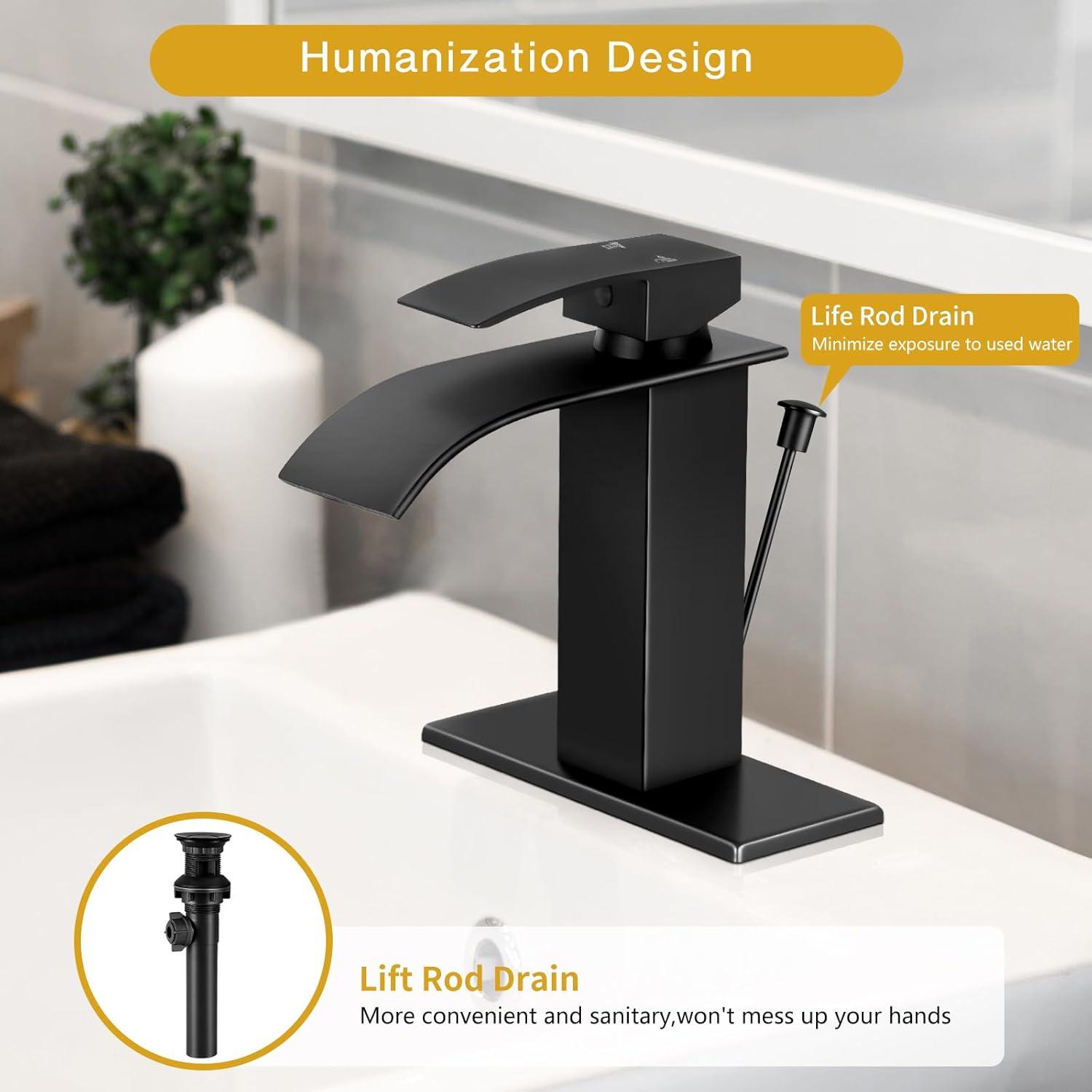 KZH Vessel Sink Faucet, Matte Black Tall Waterfall Spout Bathroom Faucet,Single Handle Bathroom Sink Faucet for 1 Hole Mixer Tap Washbasin Vanity Faucet with Pop-up Drain and Supply Hoses