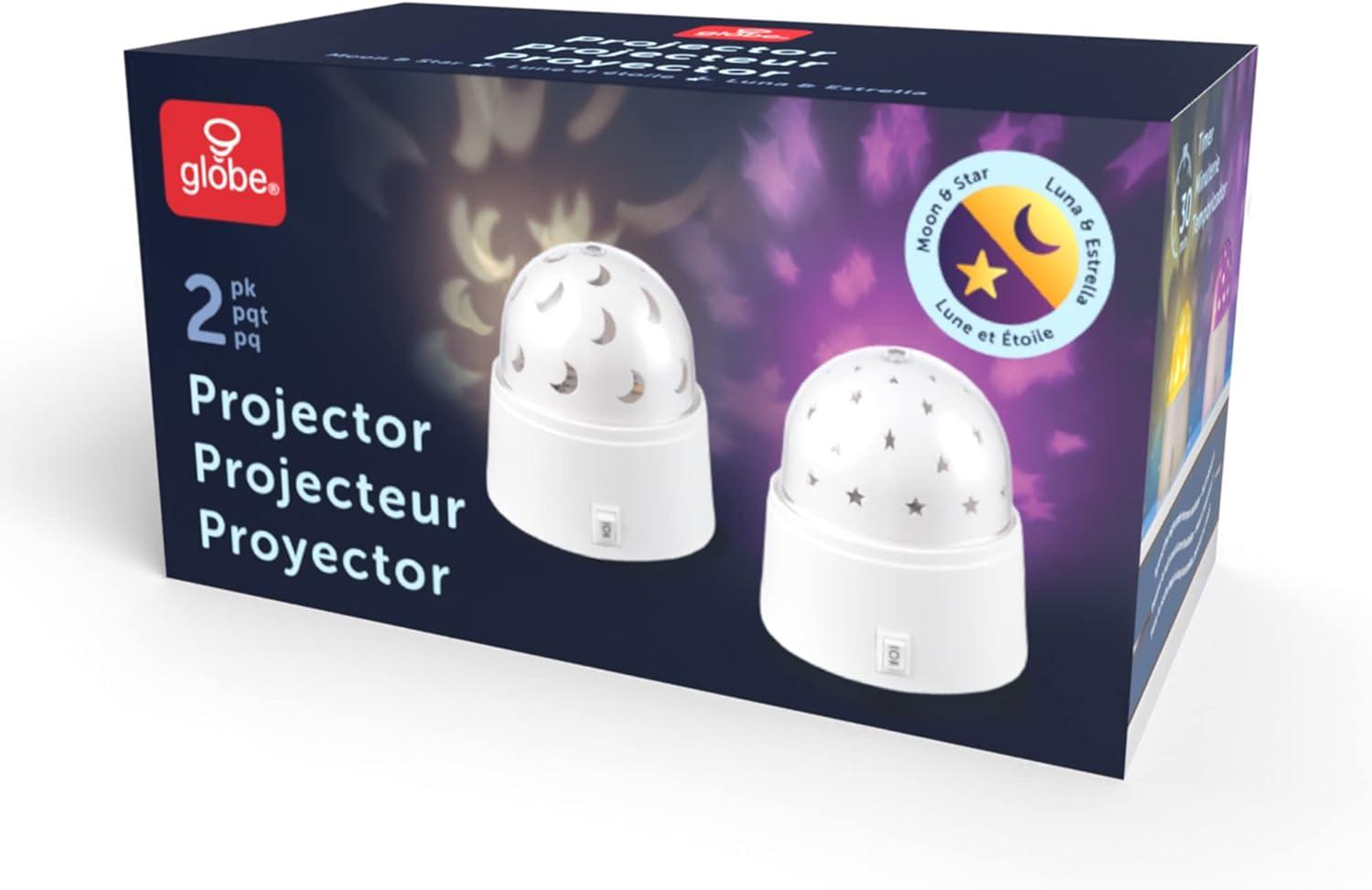 Globe Electric 13767 Rotating Projector Star and Moon LED Integrated Night Lights 2-Pack, 1x Star, 1x Moon, Battery Operated, 30 Min Timer, On/of Button, White Finish