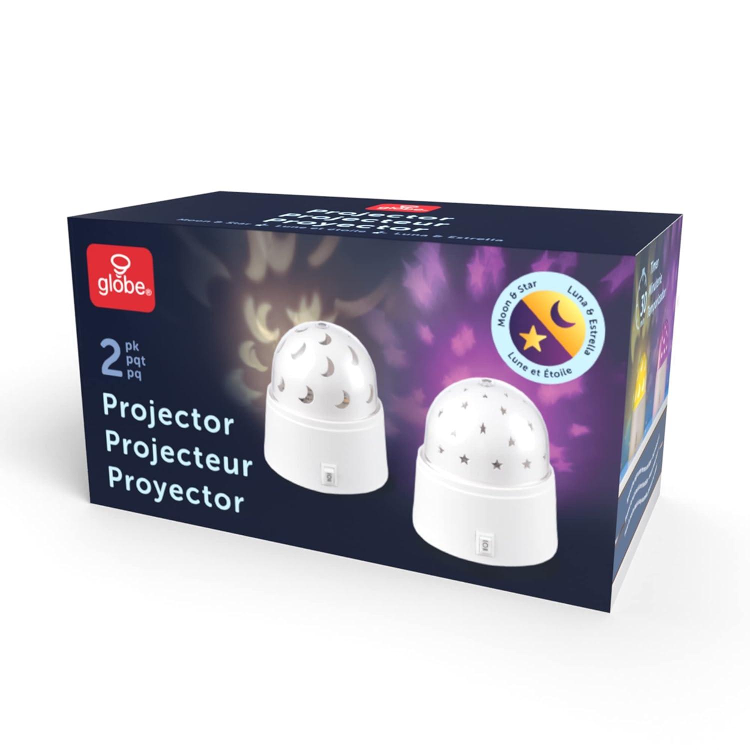 Globe Electric 13767 Rotating Projector Star and Moon LED Integrated Night Lights 2-Pack, 1x Star, 1x Moon, Battery Operated, 30 Min Timer, On/of Button, White Finish