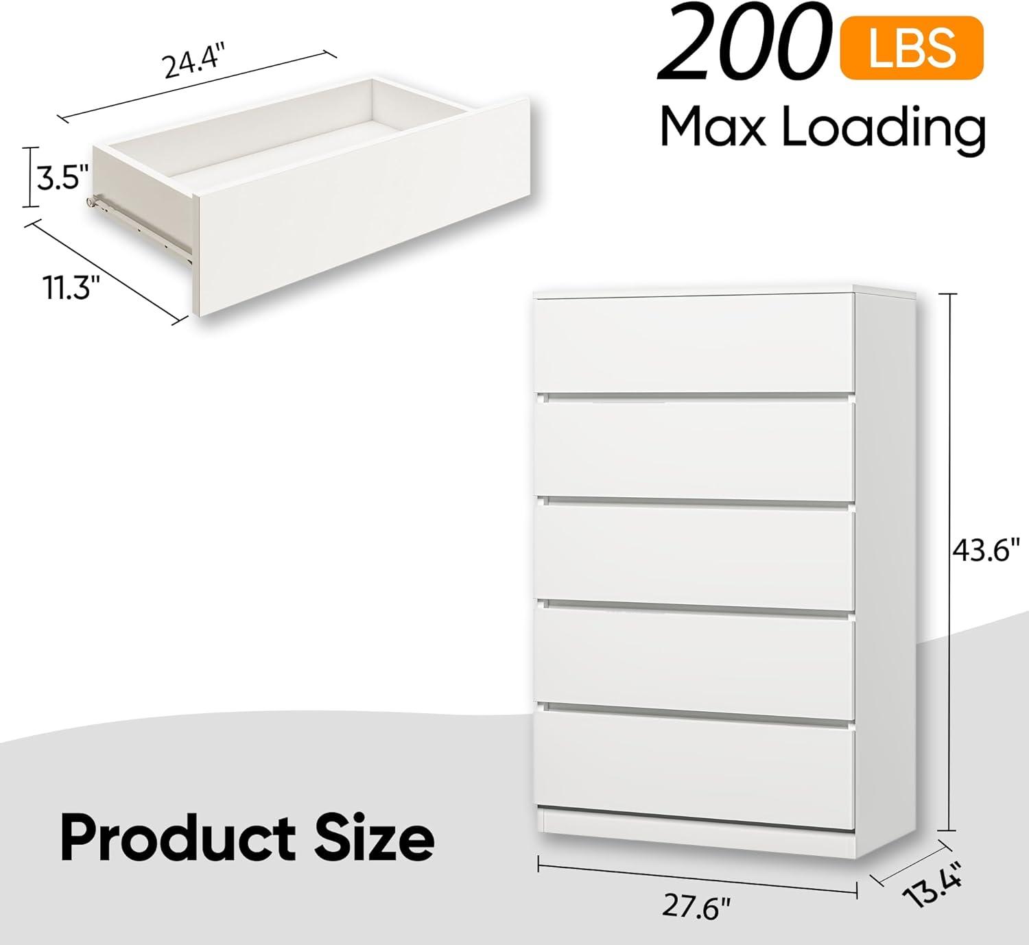 Cómoda Blanca de 5 Cajones para Dormitorio, Cómoda Moderna, Cómoda de Almacenamiento de Madera con Cajones Profundos para la Entrada Del Pasillo de la Sala de Estar,