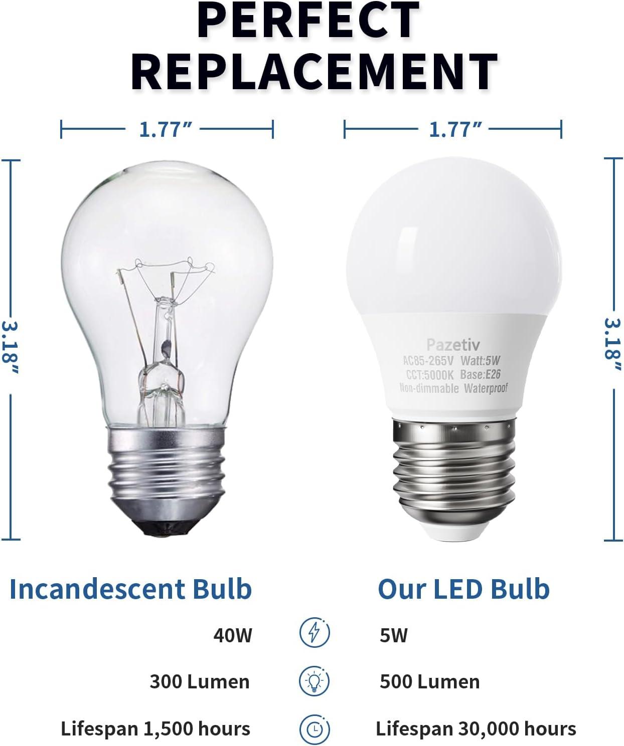 Waterproof LED Refrigerator Light Bulbs 40 watt Equivalent, 120V, Daylight 5000K, E26 Medium Base, Fridge Light Bulb, Freezer Bulb, A15 LED Appliance Bulb, Not Dimmable