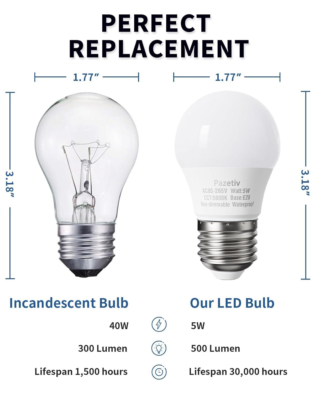 Waterproof LED Refrigerator Light Bulbs 40 watt Equivalent, 120V, Daylight 5000K, E26 Medium Base, Fridge Light Bulb, Freezer Bulb, A15 LED Appliance Bulb, Not Dimmable