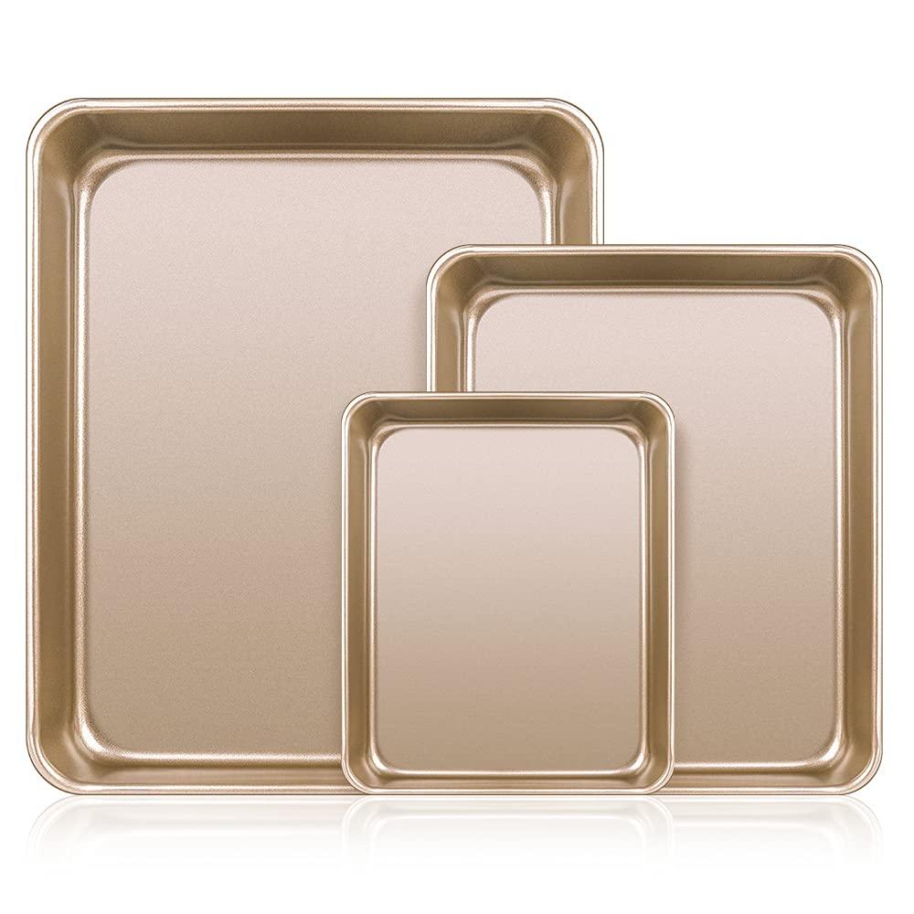 AMAGABELI GARDEN & HOME Deep Baking Pans Nonstick for Oven Tray Cake Carbon Steel Pan Baking Sheets Set of 3 Rectangle Bakeware Set for Cake Lasagna Brownie Casserole Cookie Cooking Gold