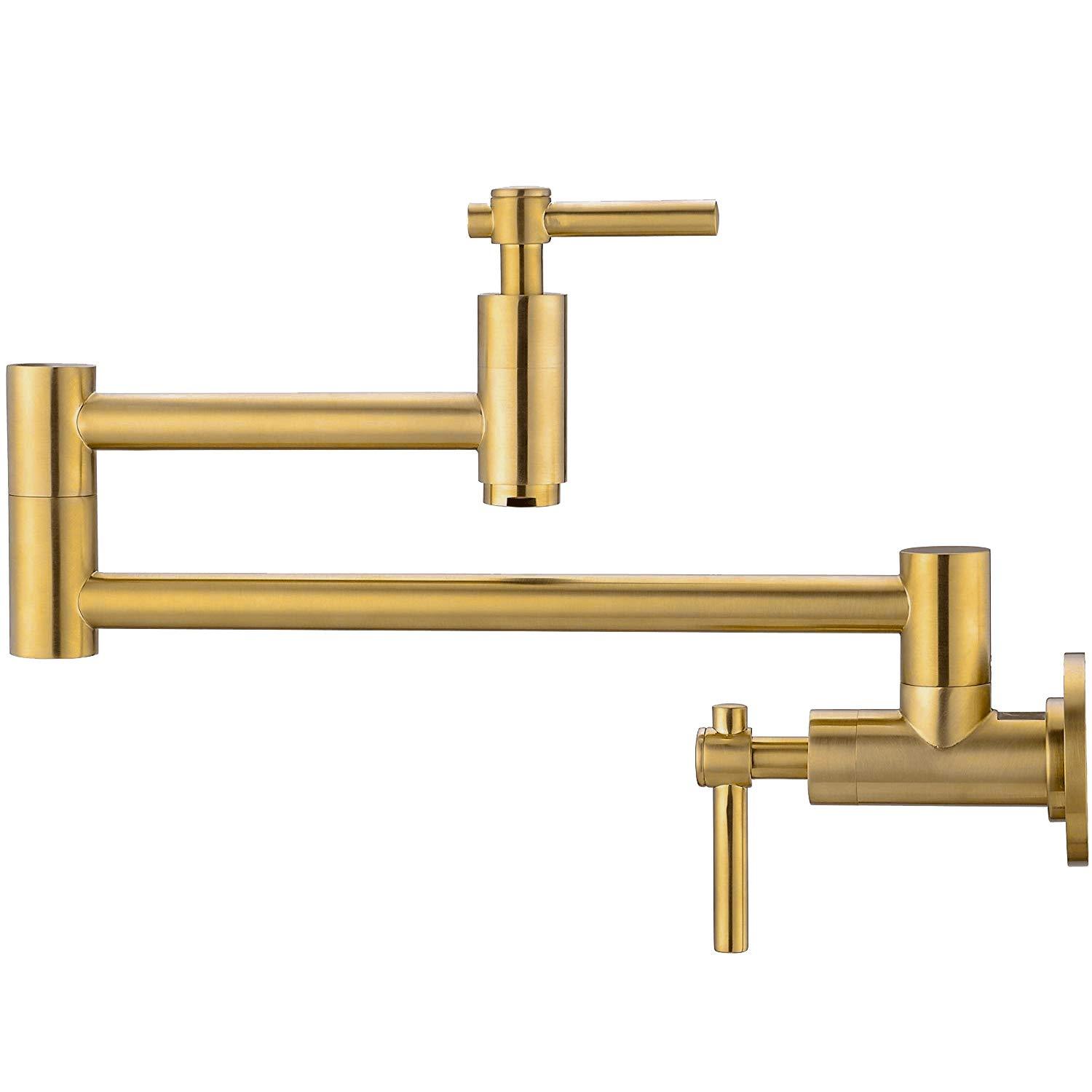 Wall Mount Pot Filler, Gold Brass Pot Filler Faucet with 2 Handles, Single Hole Stretchable Faucet with Double Joint Swing Arm Pot Filler above Stove