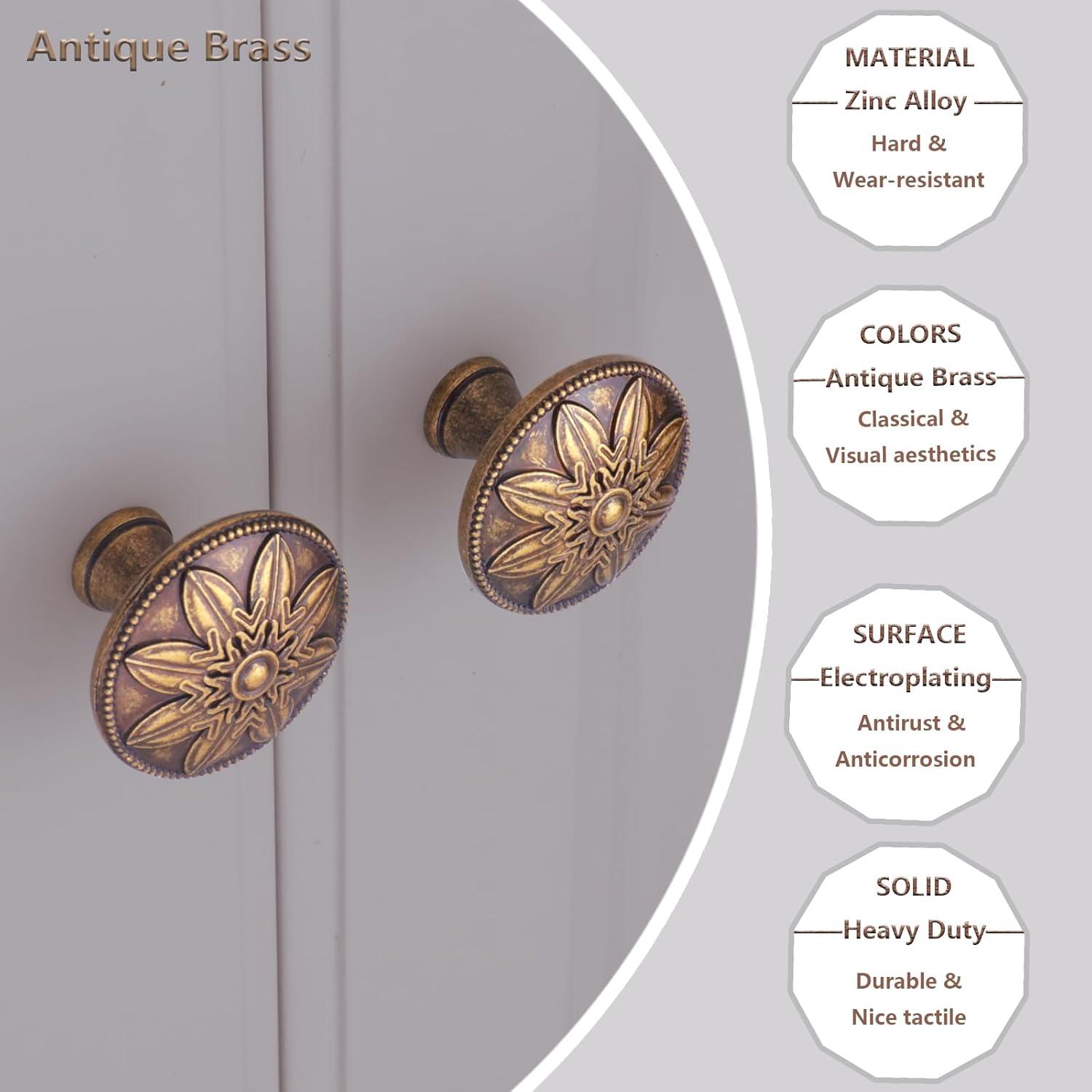 10 Pack Antique Brass Cabinet Knobs Vintage,1.4" Decorative Vintage Cabinet Hardware Handles for Cabinets and Drawers, Brass Kitchen Cabinet knobs Dresser Knobs Drawer Pulls