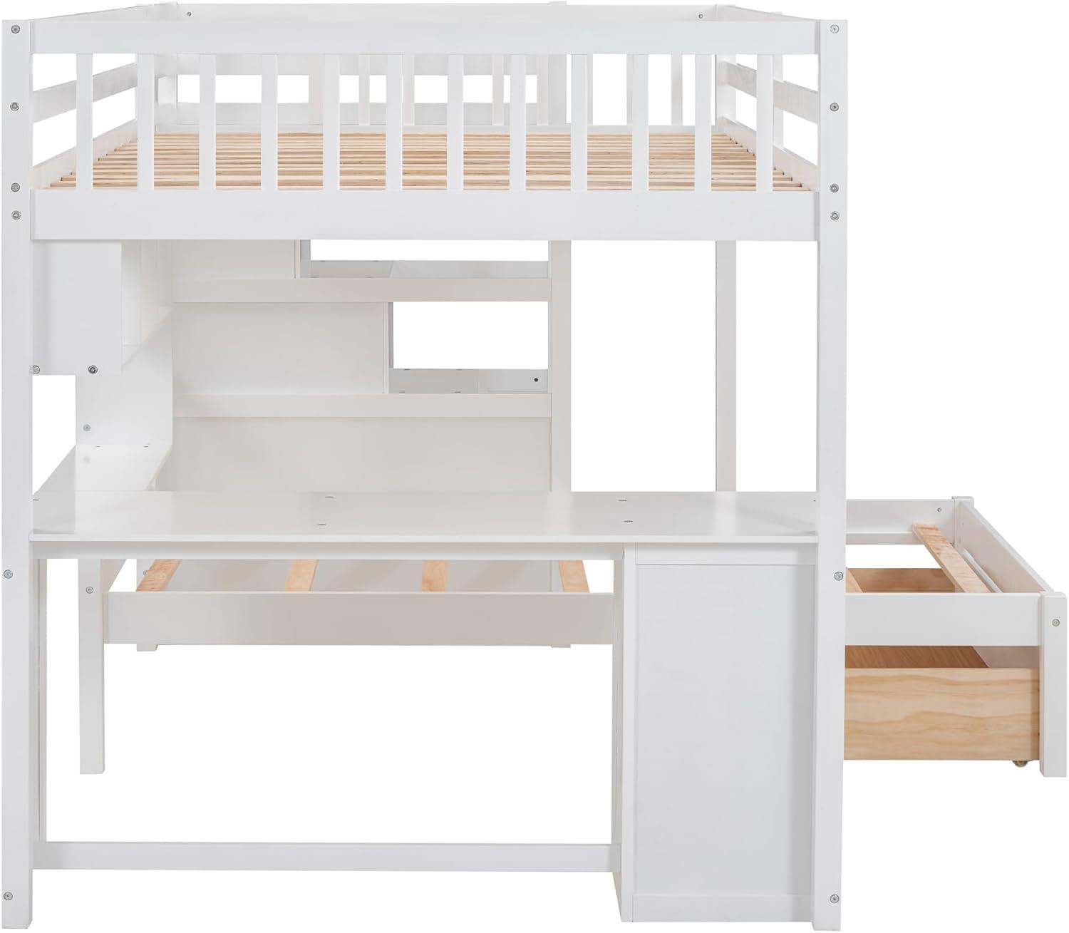 Harper & Bright Designs Full Over Twin Bunk Bed with Stairs, Storage Drawers, Full Size Loft Bed Frame with Desk and Shelves, White