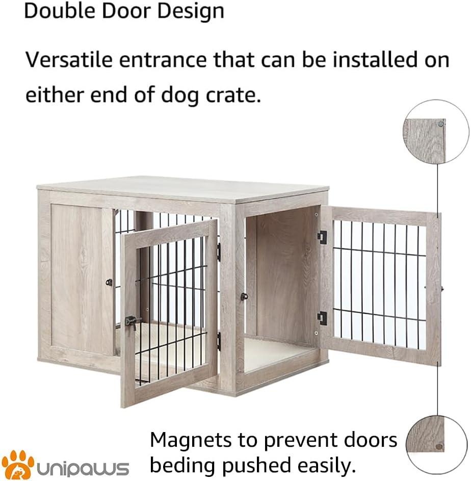 Unipaws Dog Crate End Table with Cushion, Wooden Wire Pet Kennels with Double Doors, Modern Design Dog House, Chew-Proof, Walnut