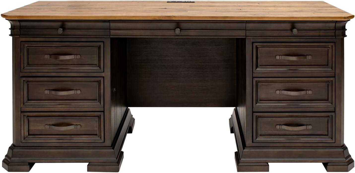 Executive Credenza Desk Writing Table With Solid Wood Plank Top Brown