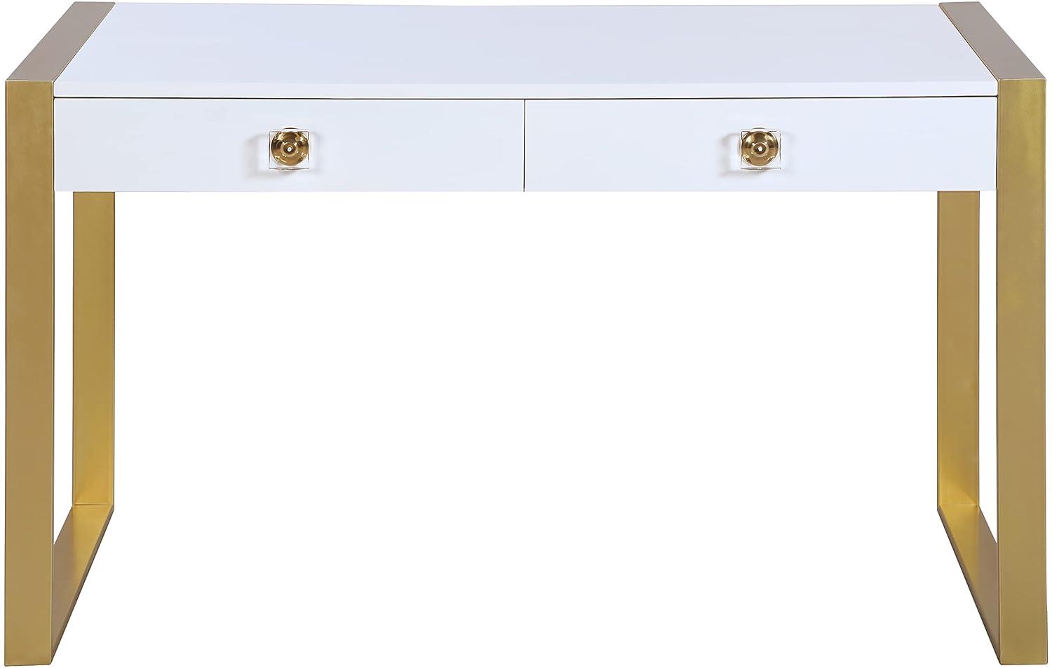 Meridian Furniture 427-T Victoria Collection Modern | Contemporary White Lacquer Desk | Console Table with Brushed Gold Base & Acrylic Handles