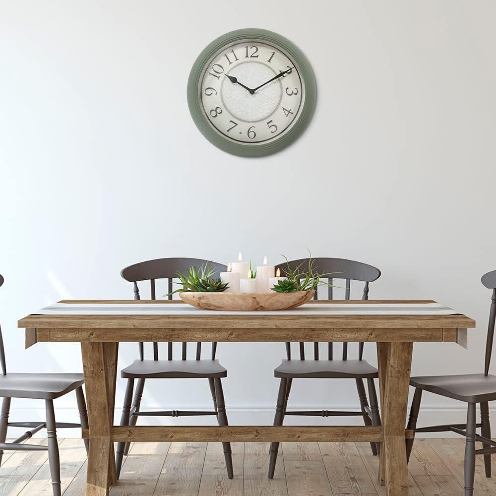 PresenTime & Co 12.6" Indoor Luminous Clock, Silent no ticking, Paris sage green, Lighted Clock with Smart Sensor to turn on/off lights in Low/bright light.