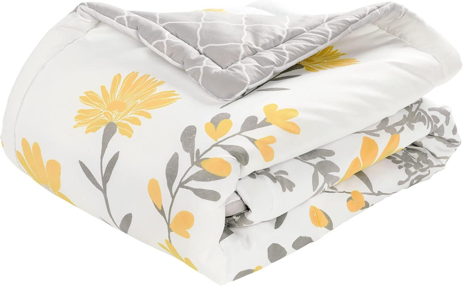 Yellow and Gray Floral Reversible Cotton Throw Blanket