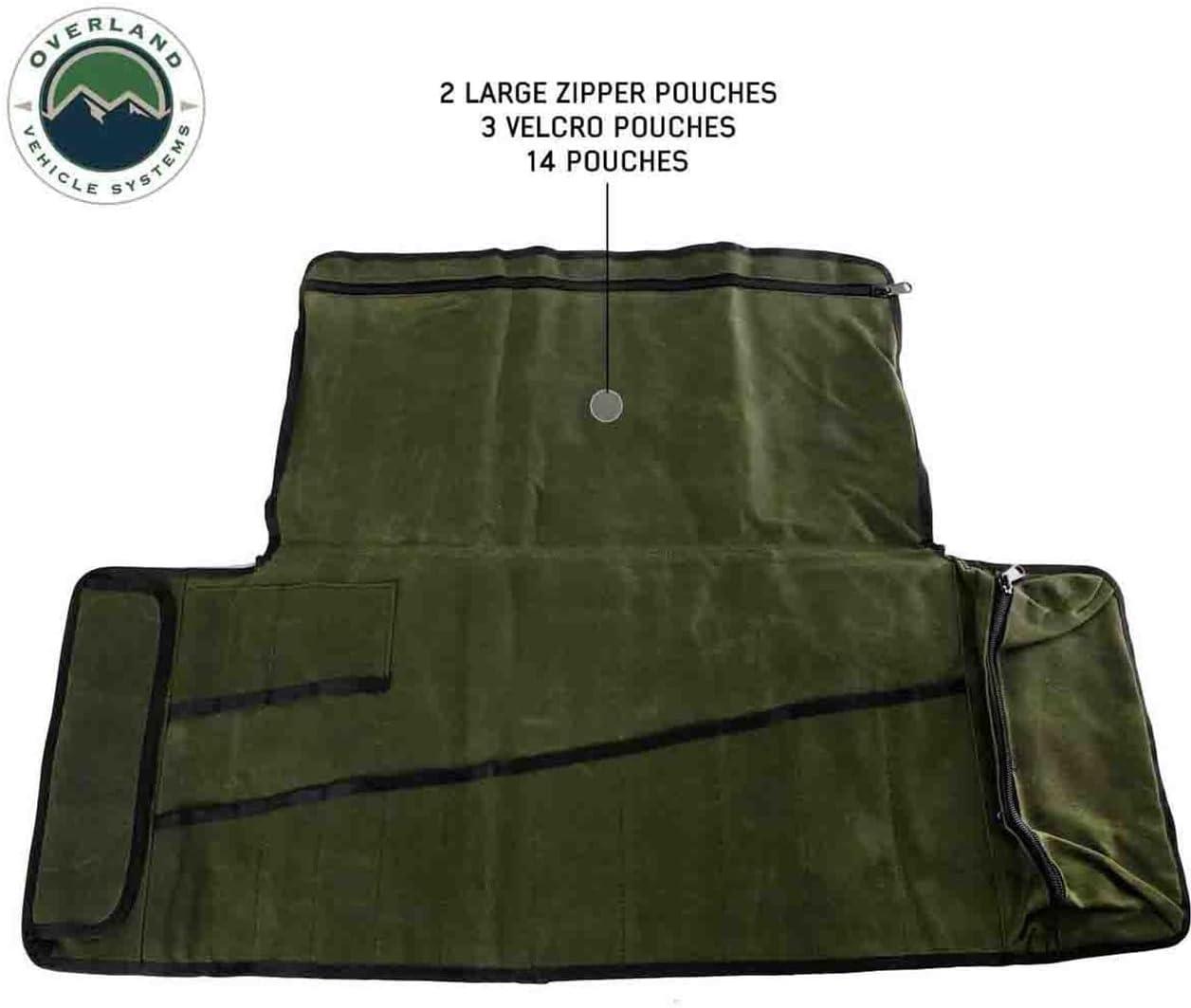 Overland Vehicle Systems Rolled General Tool Storage Bag - #16 Military Style Waxed Canvas - 19 Storage Pockets - Infused with Paraffin Wax Waterproofing