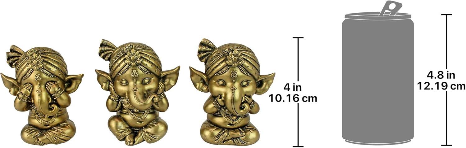 Pacific Giftware Set of Three Ganesha See No Evil Hear No Evil Speak No Evil Decorative Shelf Sitter Figurines 4 inch Tall Gold Finish