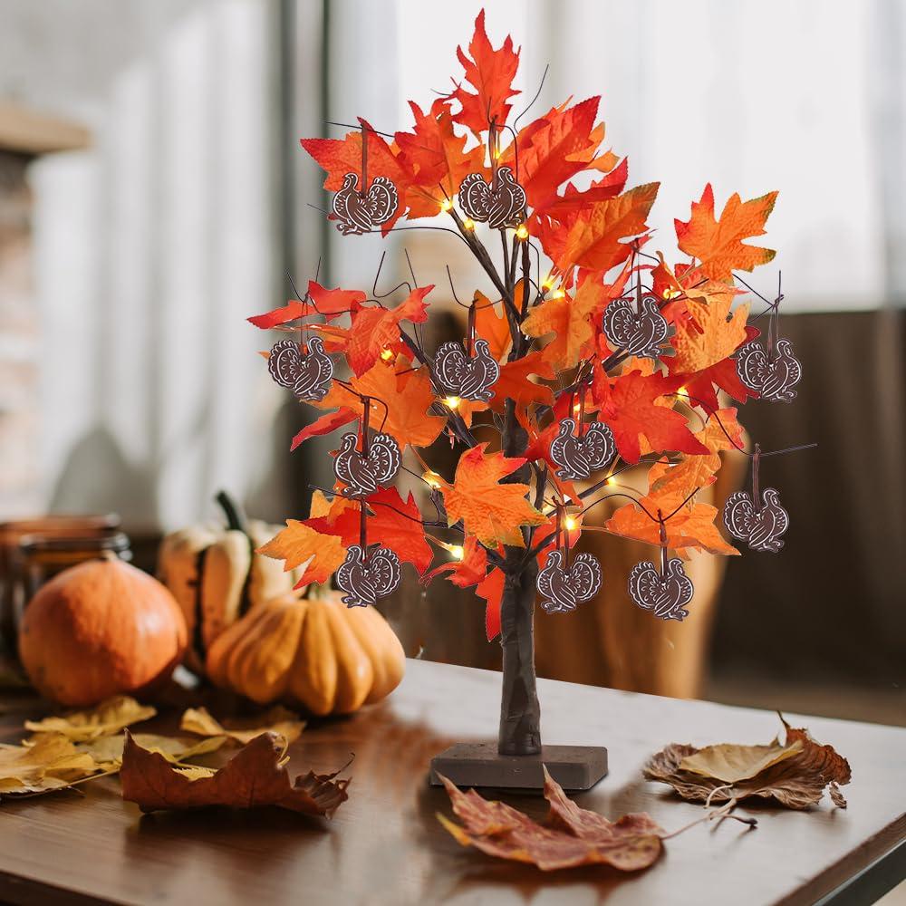 Fall Decorations For Home, 24”/2FT Lighted Fall Maple Leaves Tree With 24LT Warm White Leds For Autumn Decor, 12 Wood Acorns Ornaments Battery Powered Timer For Home Decor, Thanksgiving