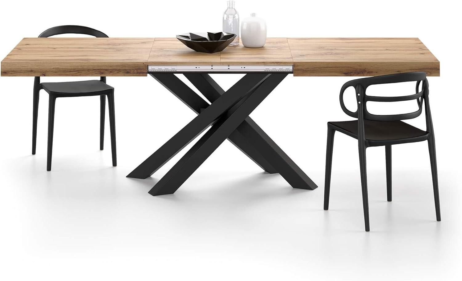 Mobili Fiver, Emma 63(94.5) x35.4 in Extendable Table, Rustic Oak with Black Crossed Legs, for 6-10 People, Expandable Dining Table for Kitchen, Living Room, Italian Furniture