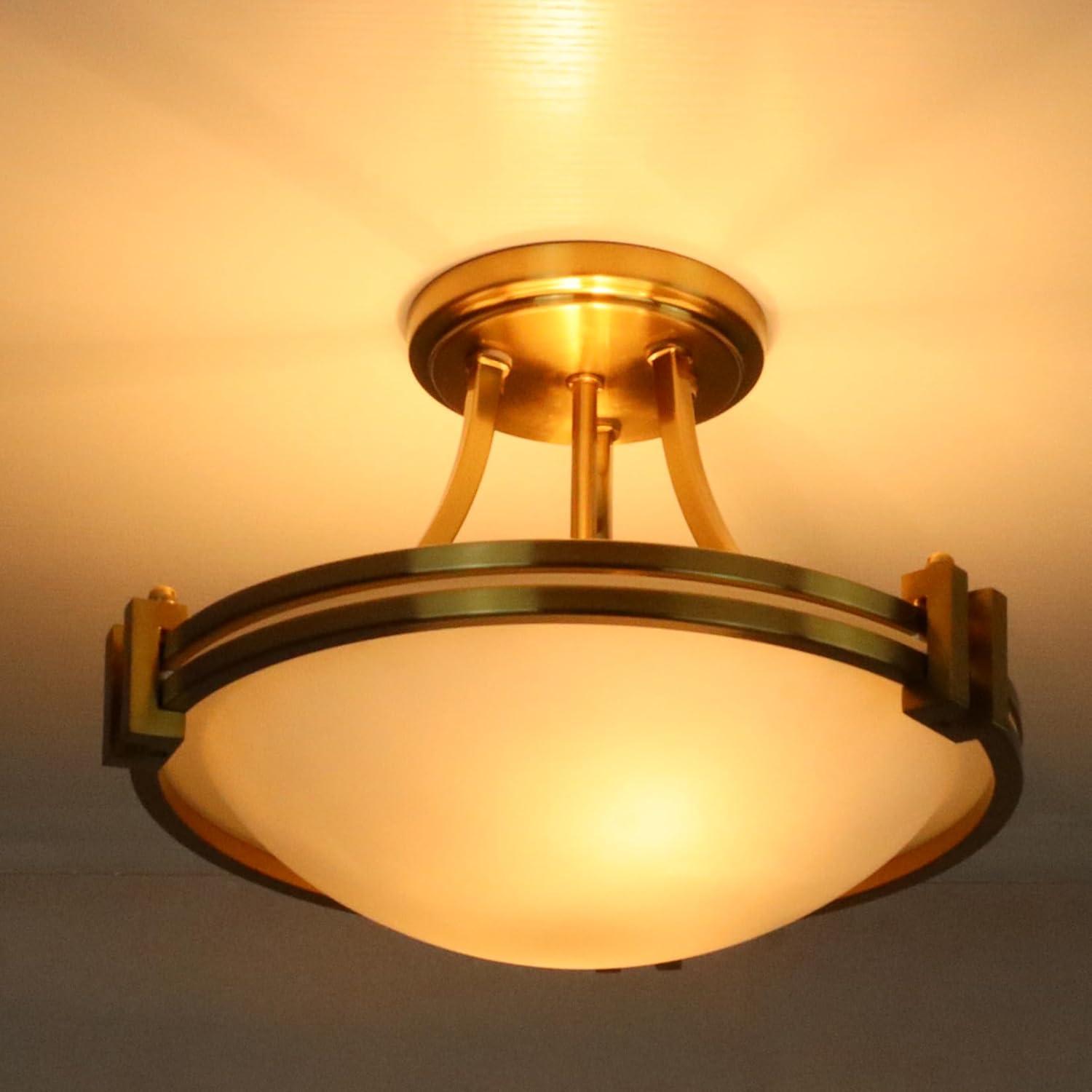 Modern Gold Semi Flush Mount 2-Light Milk Glass Ceiling Light Fixture